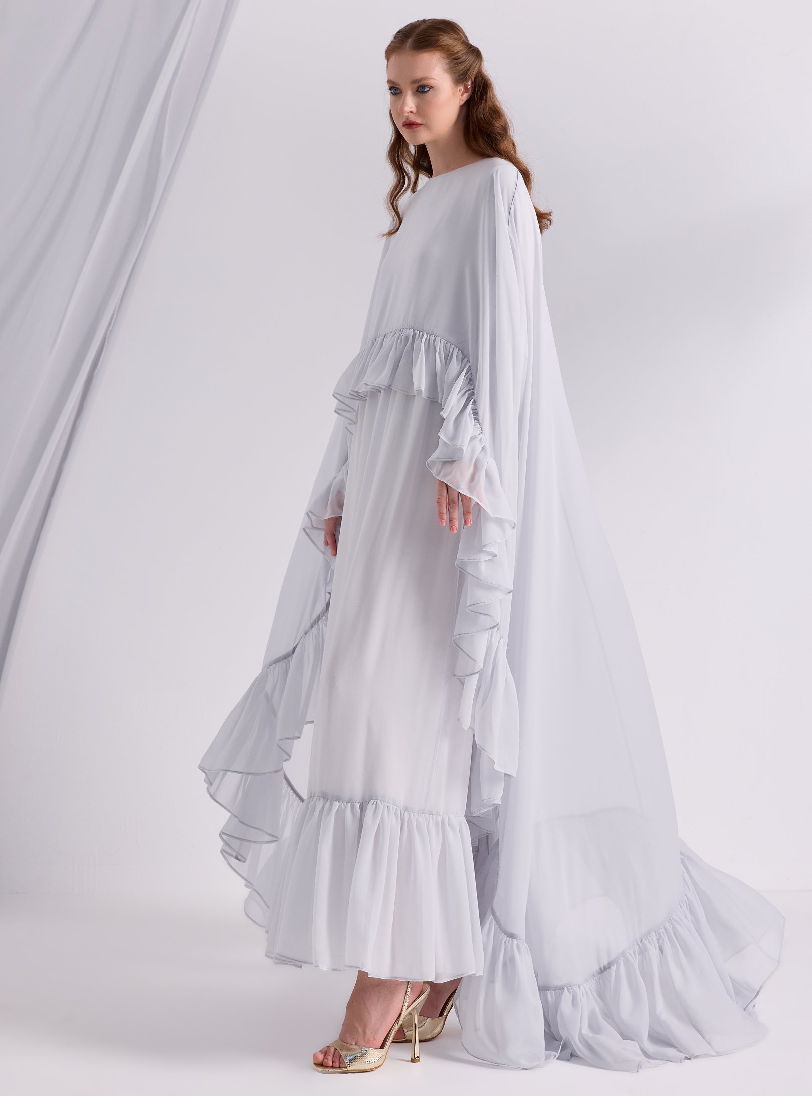 Ice Blue Ruffled Maxi Cape Dress - Store WF