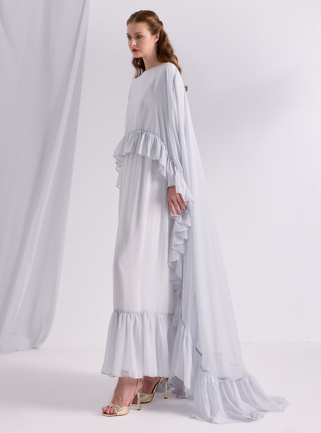 Ice Blue Ruffled Maxi Cape Dress - Store WF
