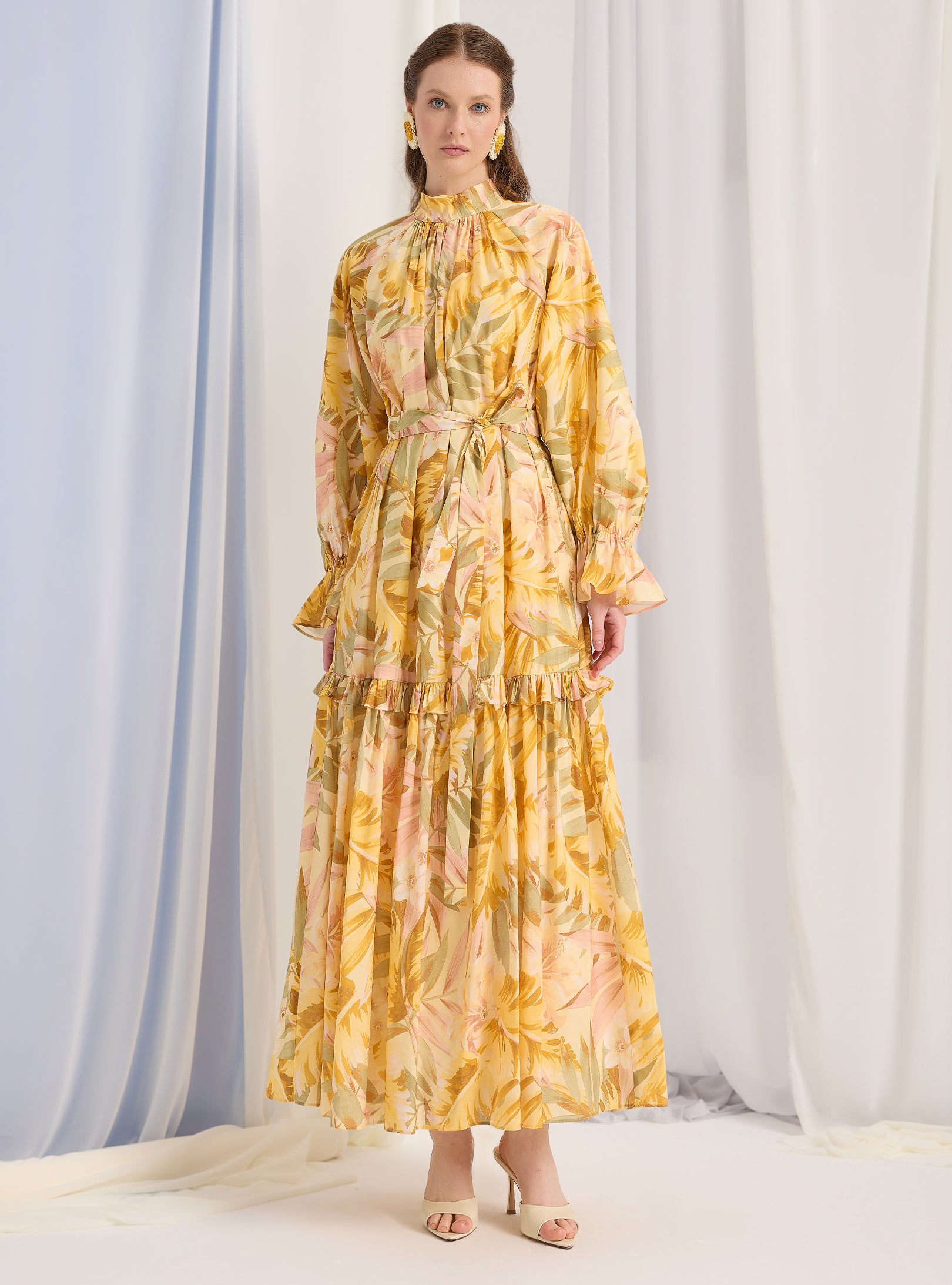 Yellow Floral Belted Maxi Dress - Store WF