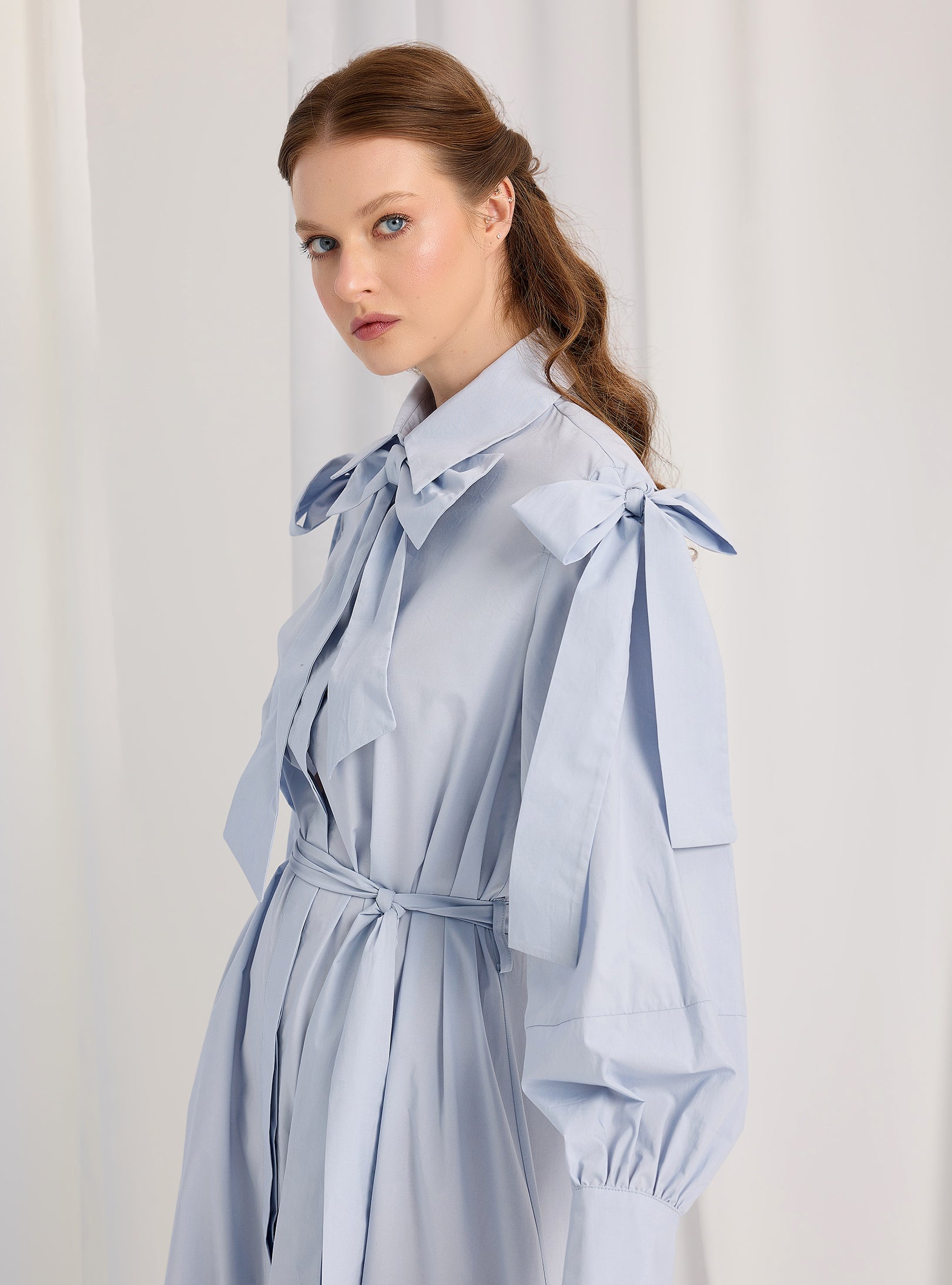 Bow Detailed Blue Poplin Cotton Maxi Dress - Store WF