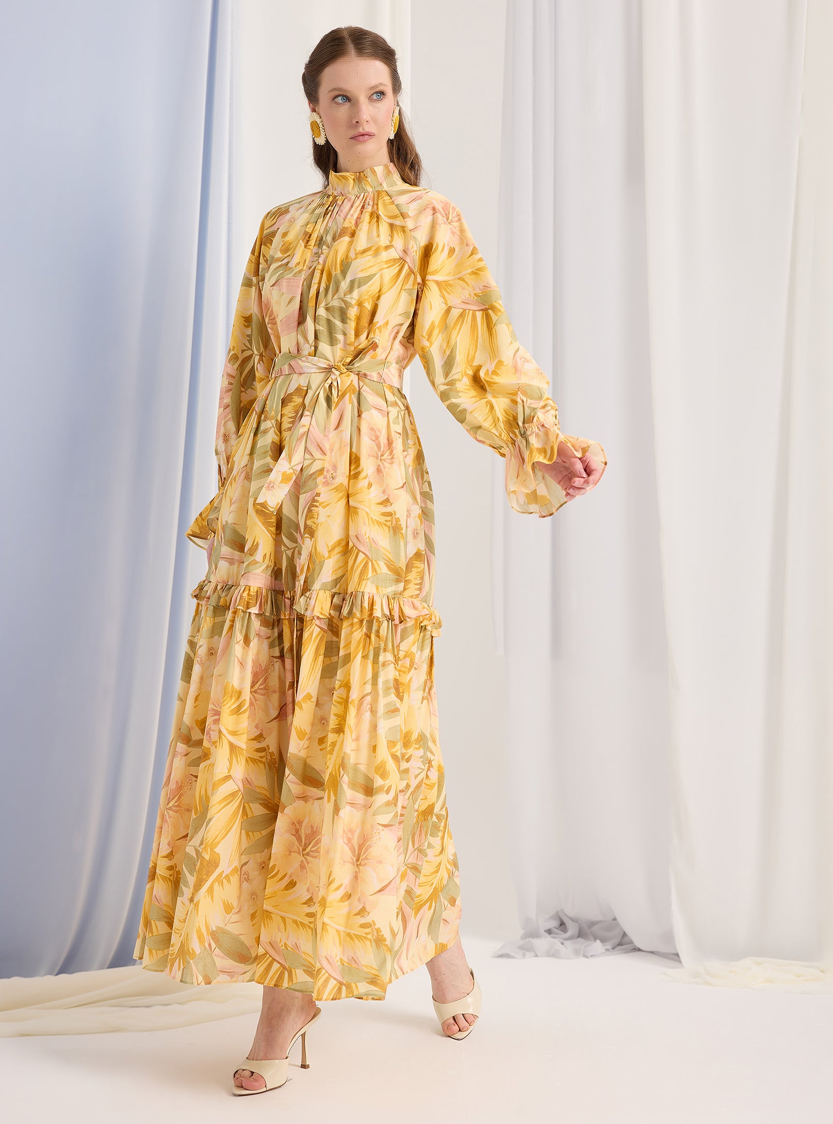 Yellow Floral Belted Maxi Dress - Store WF