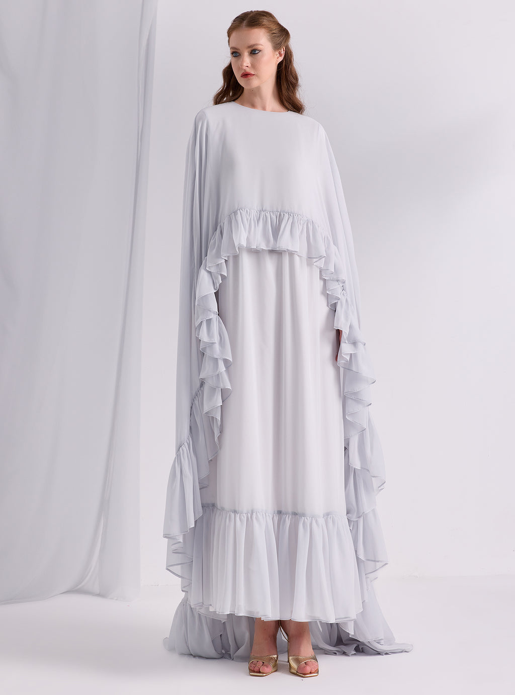 Ice Blue Ruffled Maxi Cape Dress - Store WF