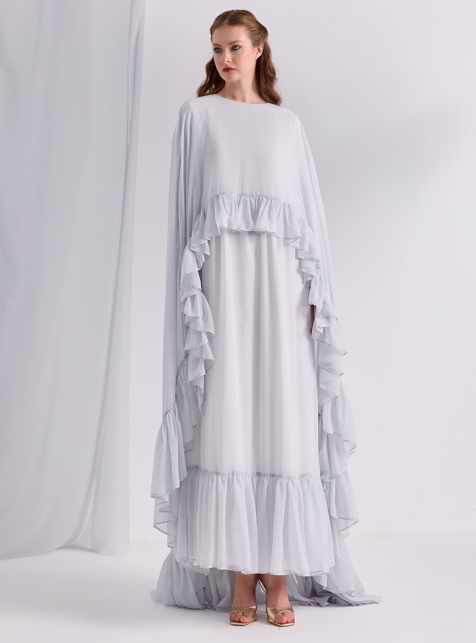 Ice Blue Ruffled Maxi Cape Dress - Store WF