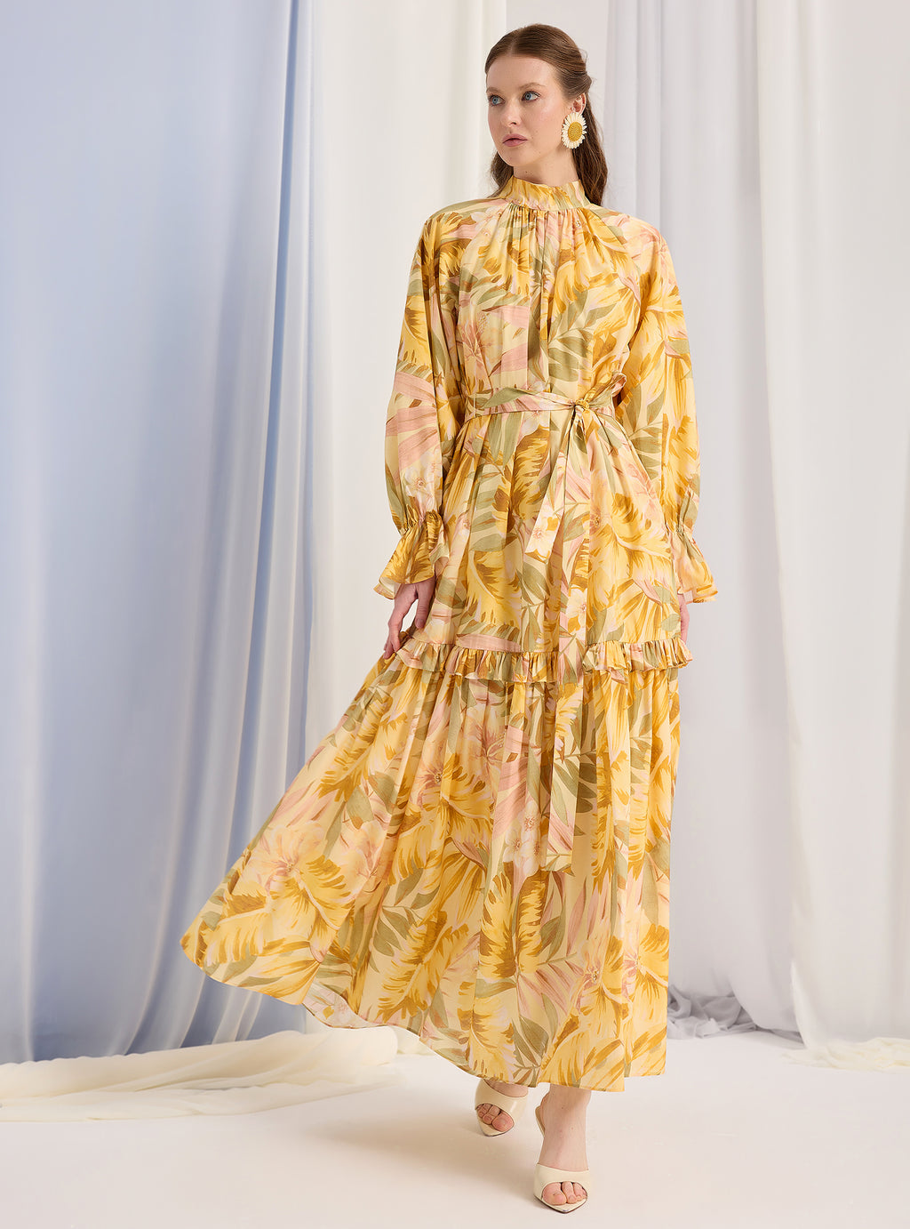 Yellow Floral Belted Maxi Dress - Store WF