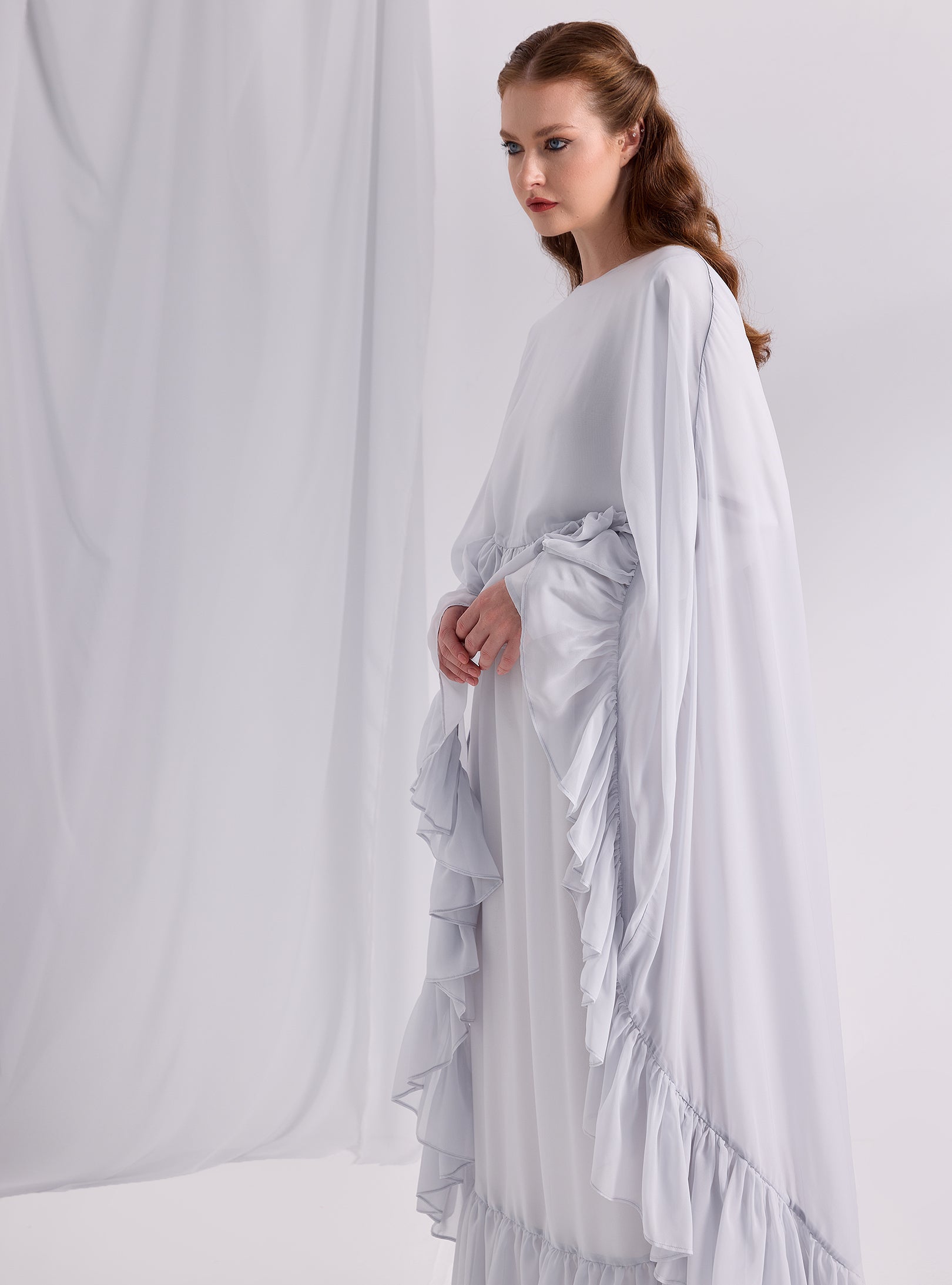Ice Blue Ruffled Maxi Cape Dress - Store WF