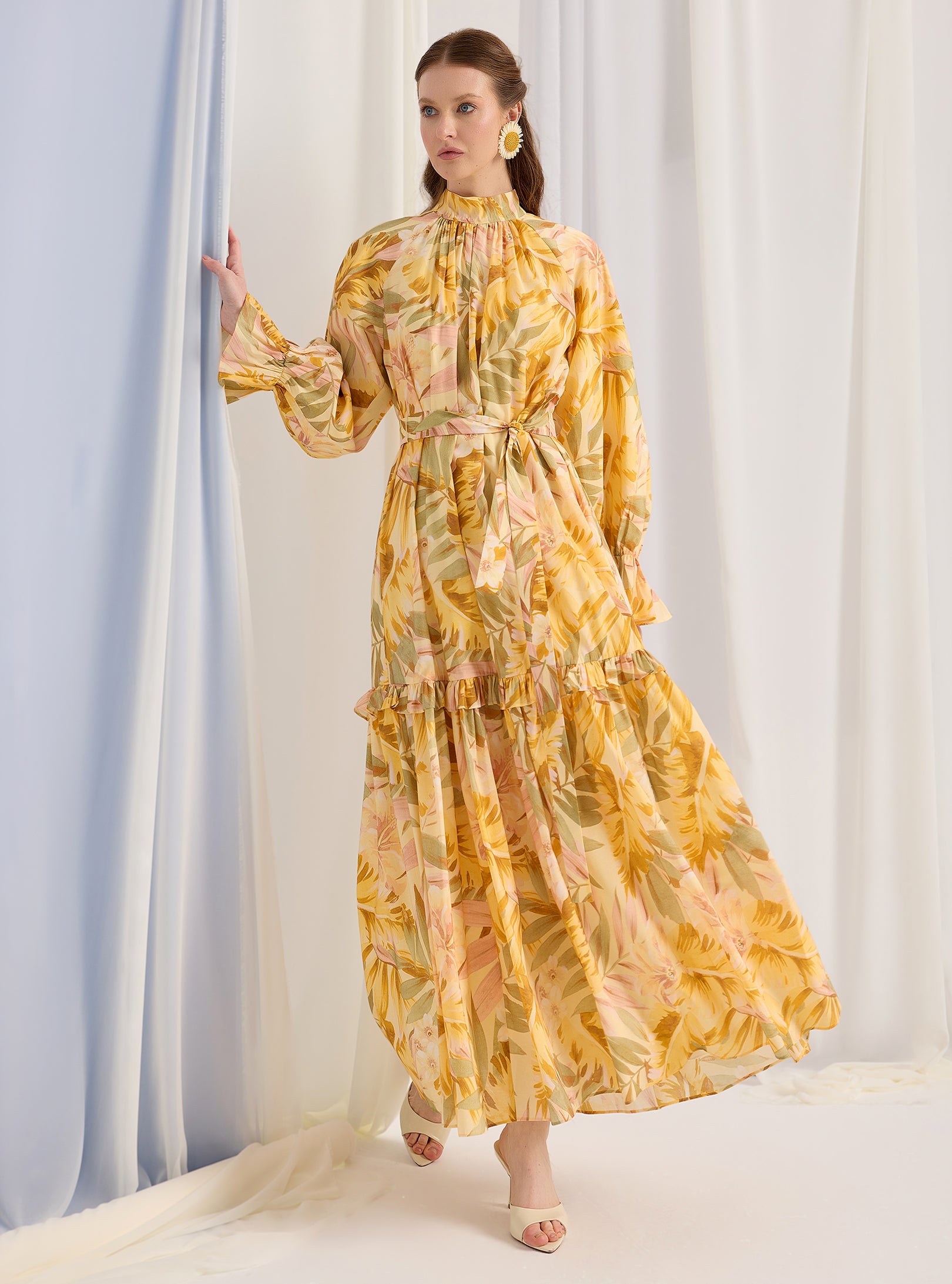 Yellow Floral Belted Maxi Dress - Store WF