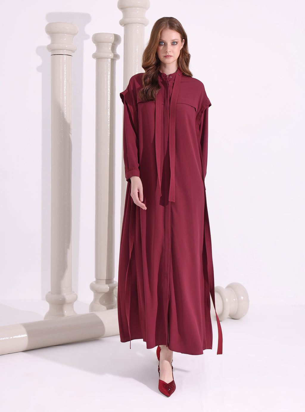 Contrast Top Stitch Burgundy Maxi Dress - Store WF