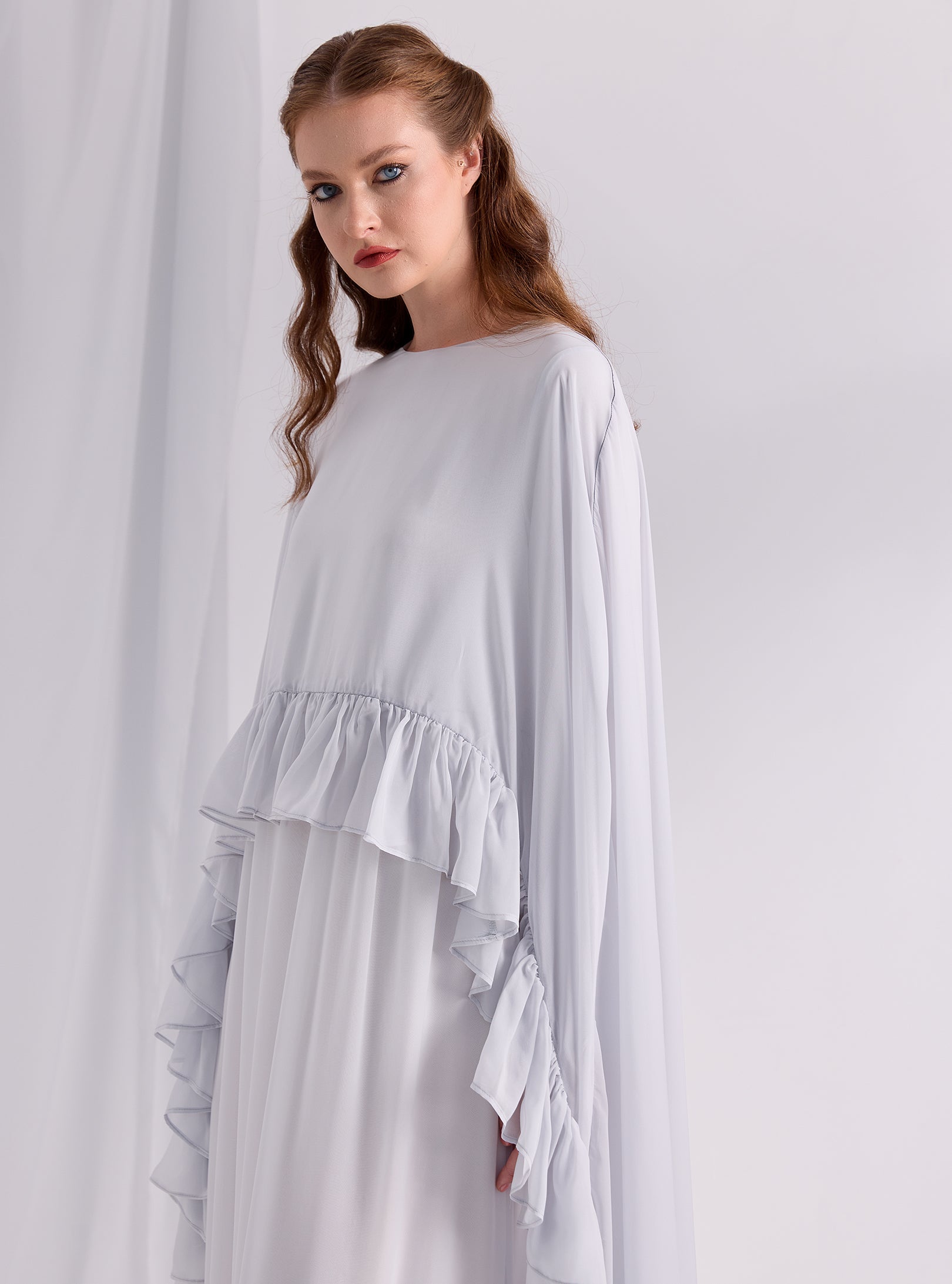 Ice Blue Ruffled Maxi Cape Dress - Store WF