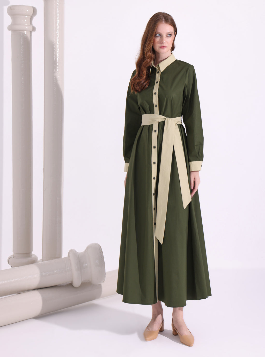 Khaki Green Mix Contrast Beige Maxi Dress - Store WF