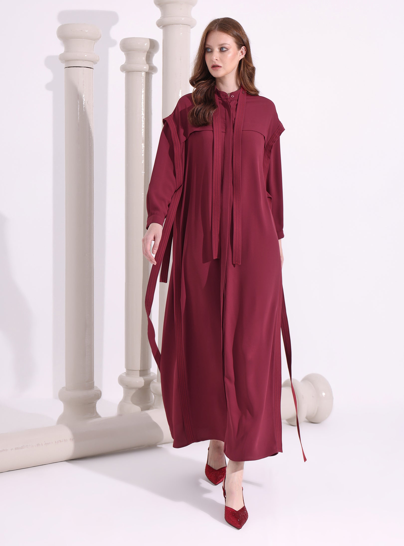 Contrast Top Stitch Burgundy Maxi Dress - Store WF