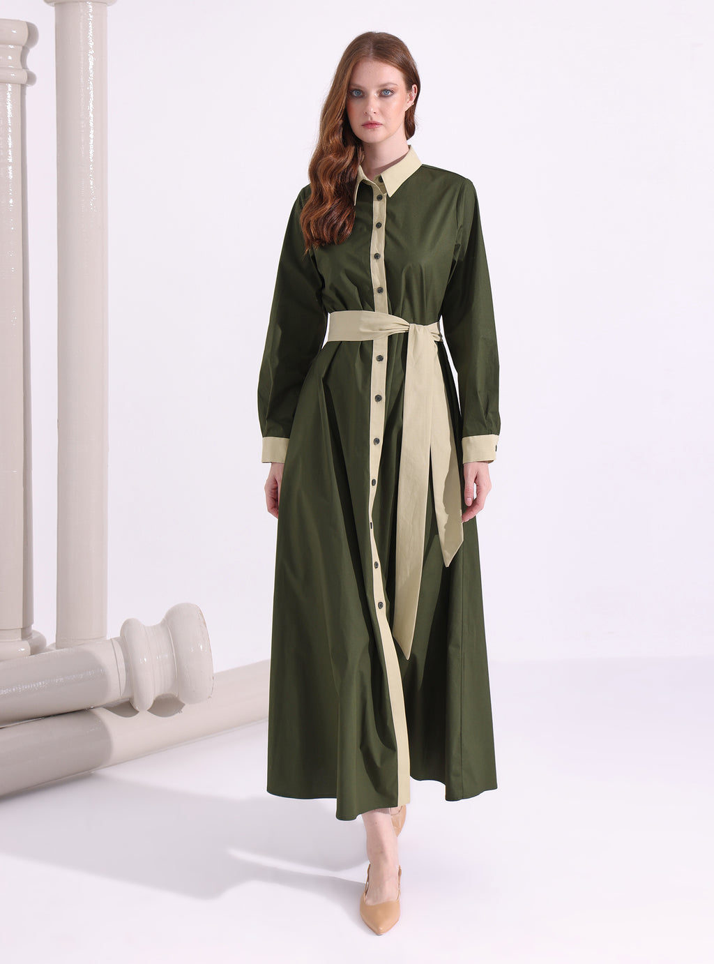 Khaki Green Mix Contrast Beige Maxi Dress - Store WF