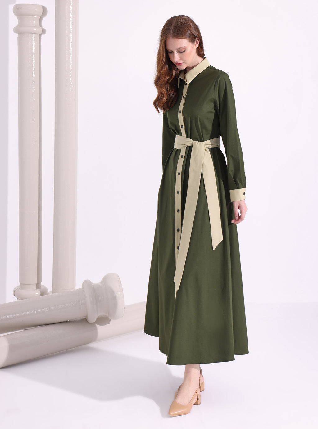 Khaki Green Mix Contrast Beige Maxi Dress - Store WF