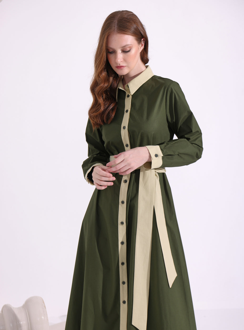 Khaki Green Mix Contrast Beige Maxi Dress - Store WF