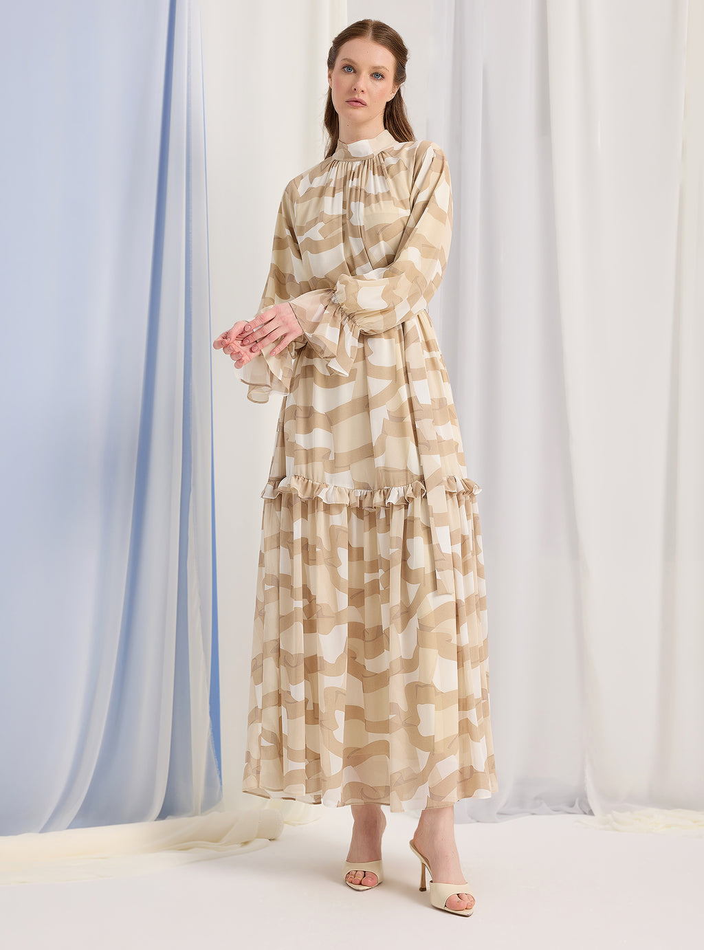 Cream Beige Printed Maxi Dress - Store WF