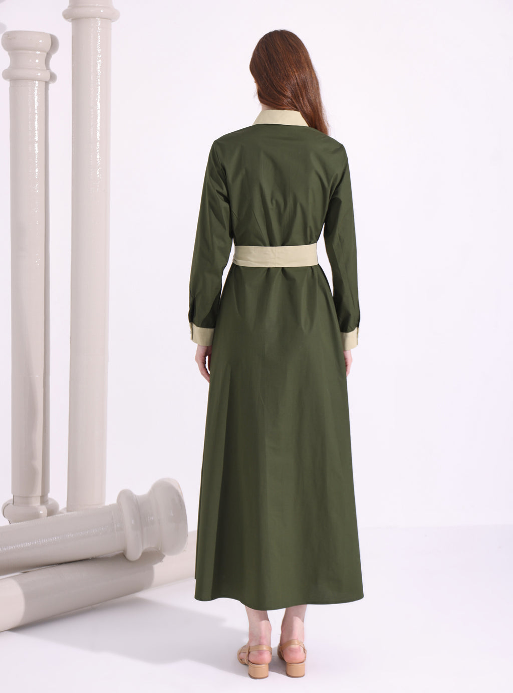 Khaki Green Mix Contrast Beige Maxi Dress - Store WF