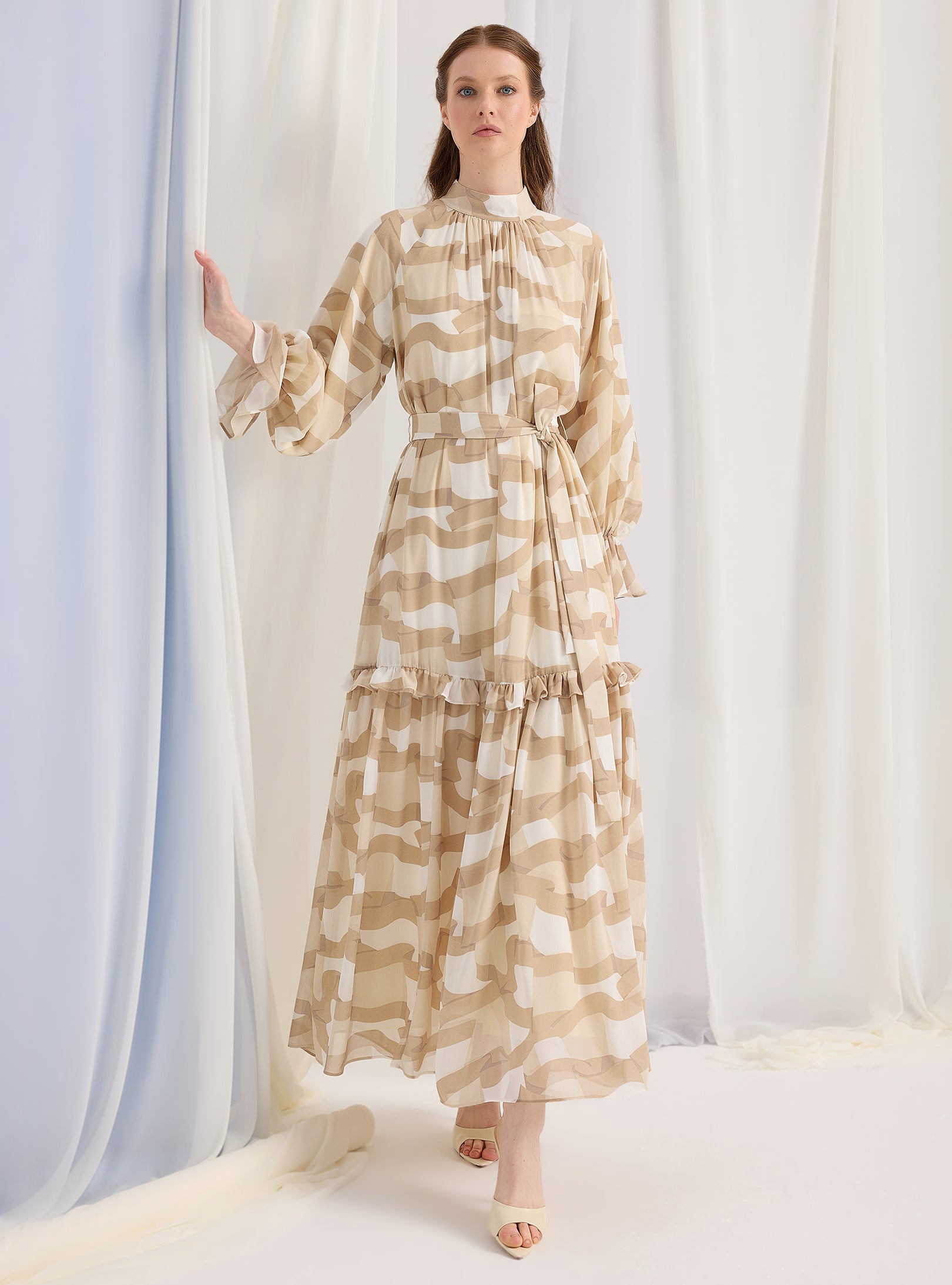 beige maxi dress long sleeve Malletti L | XL | | Womens skirted maxi dress in delicate floral print with embroidered eyelet details and a low V Cream Beige Printed Maxi Dress