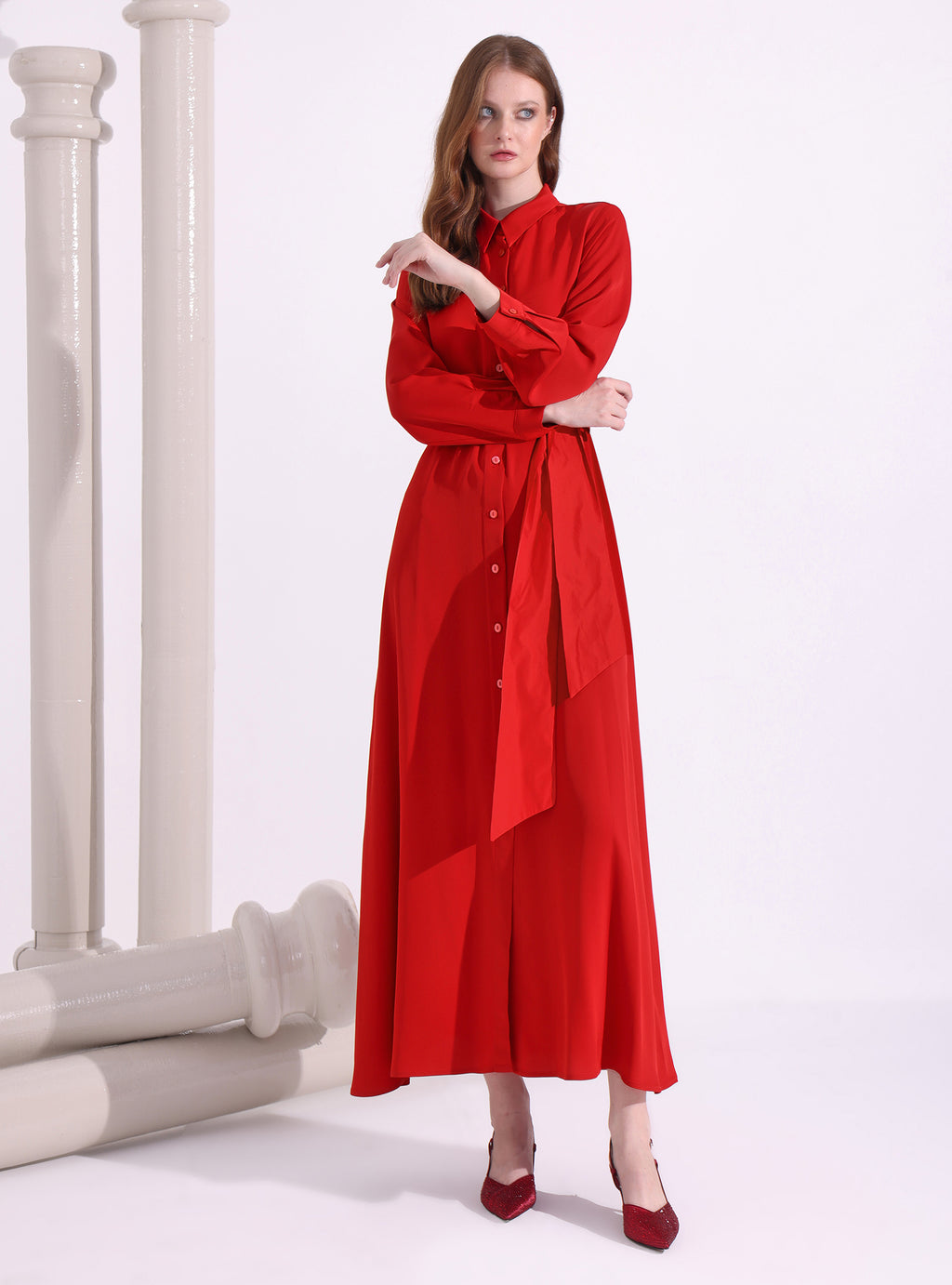 Red Maxi Belted Dress - Store WF