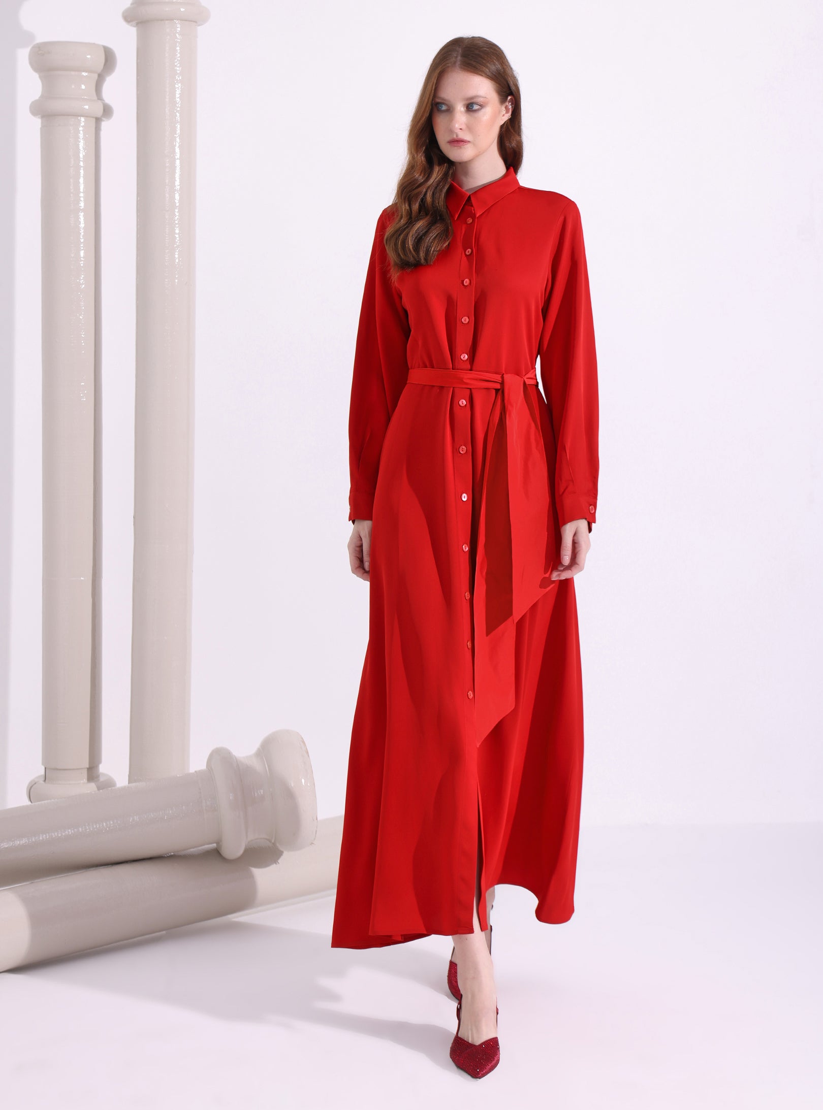 Red Maxi Belted Dress - Store WF