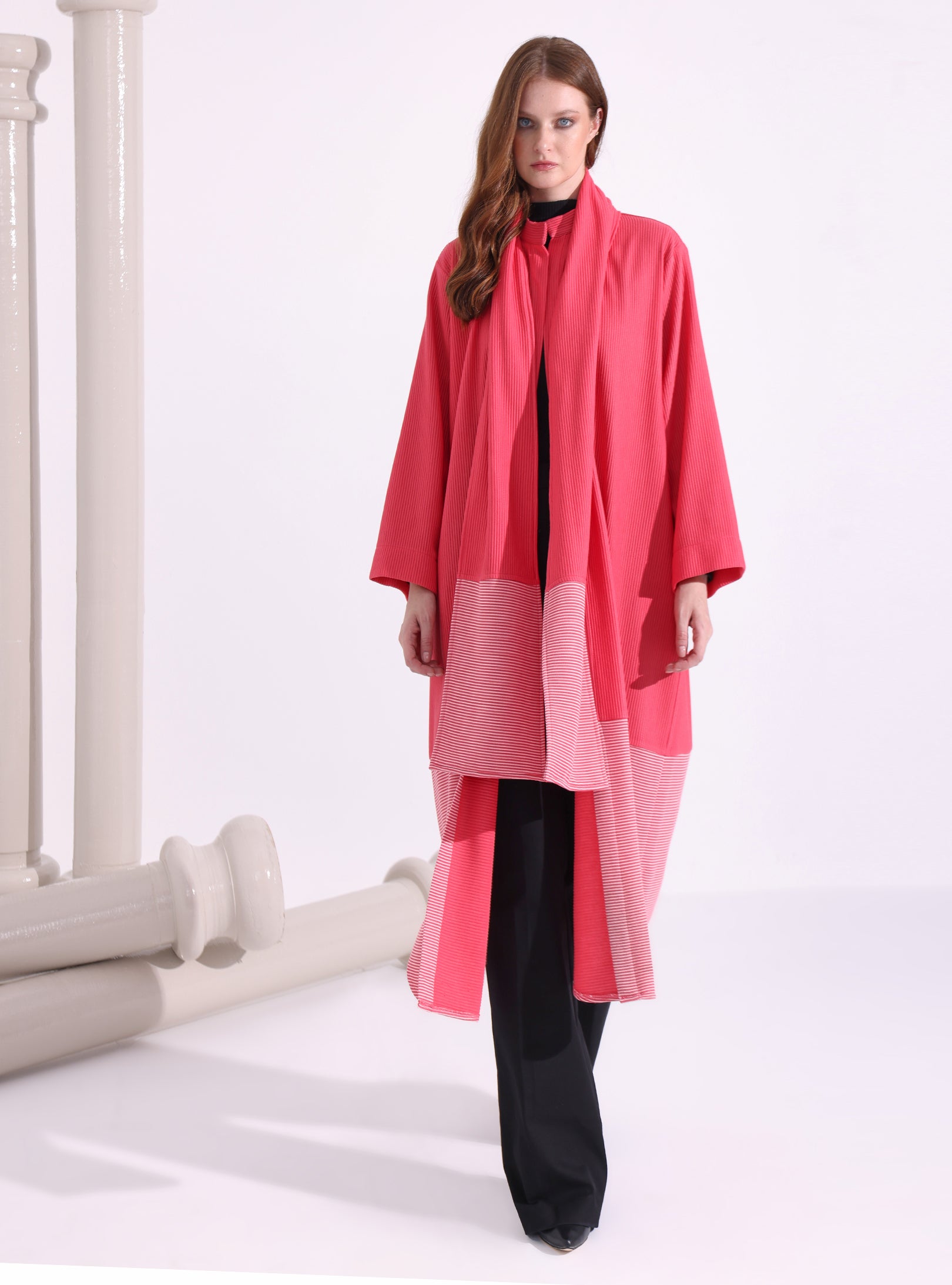 Pink Stripe Knitwear Jacket With Scarf - Store WF