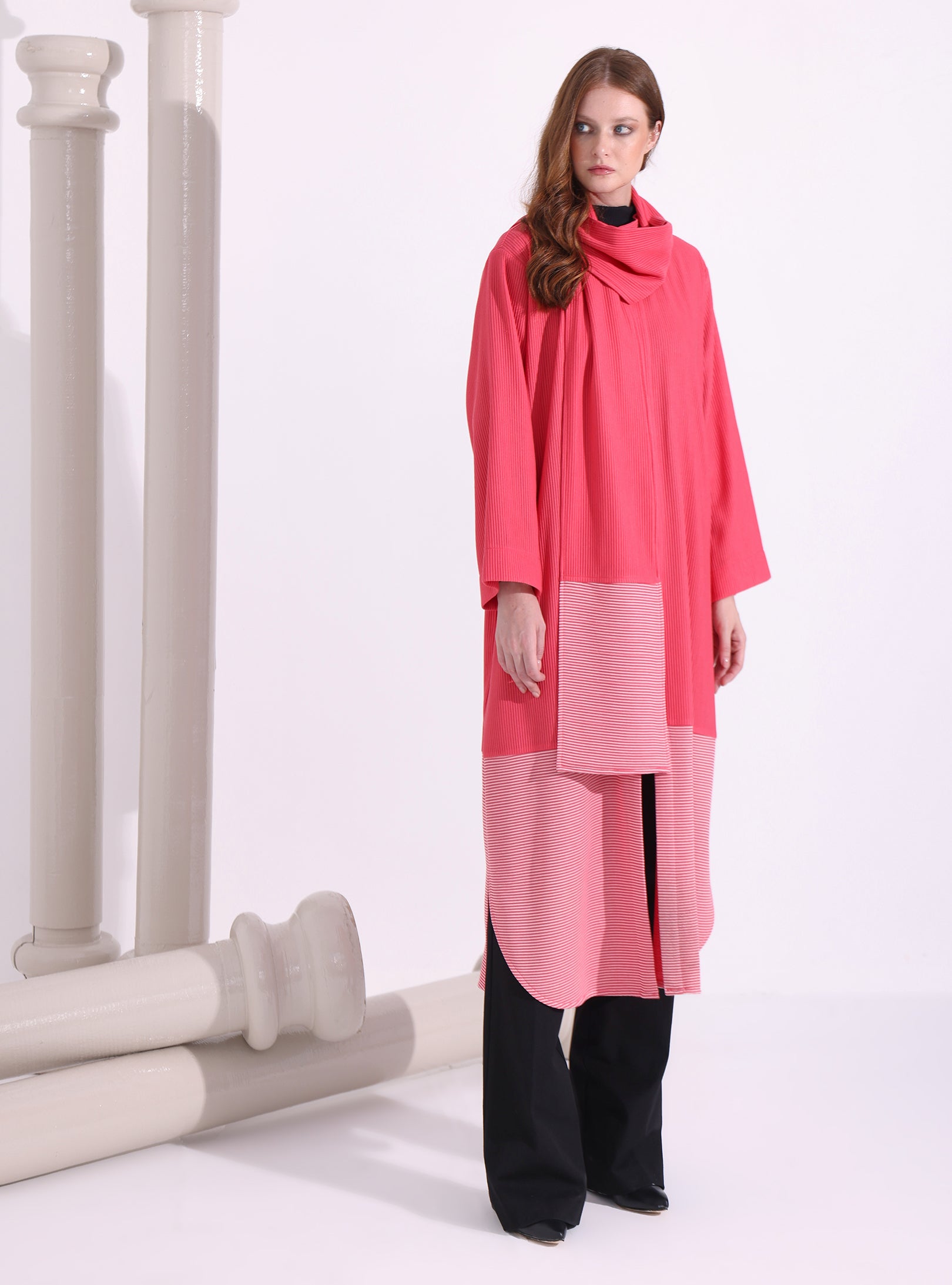 Pink Stripe Knitwear Jacket With Scarf - Store WF