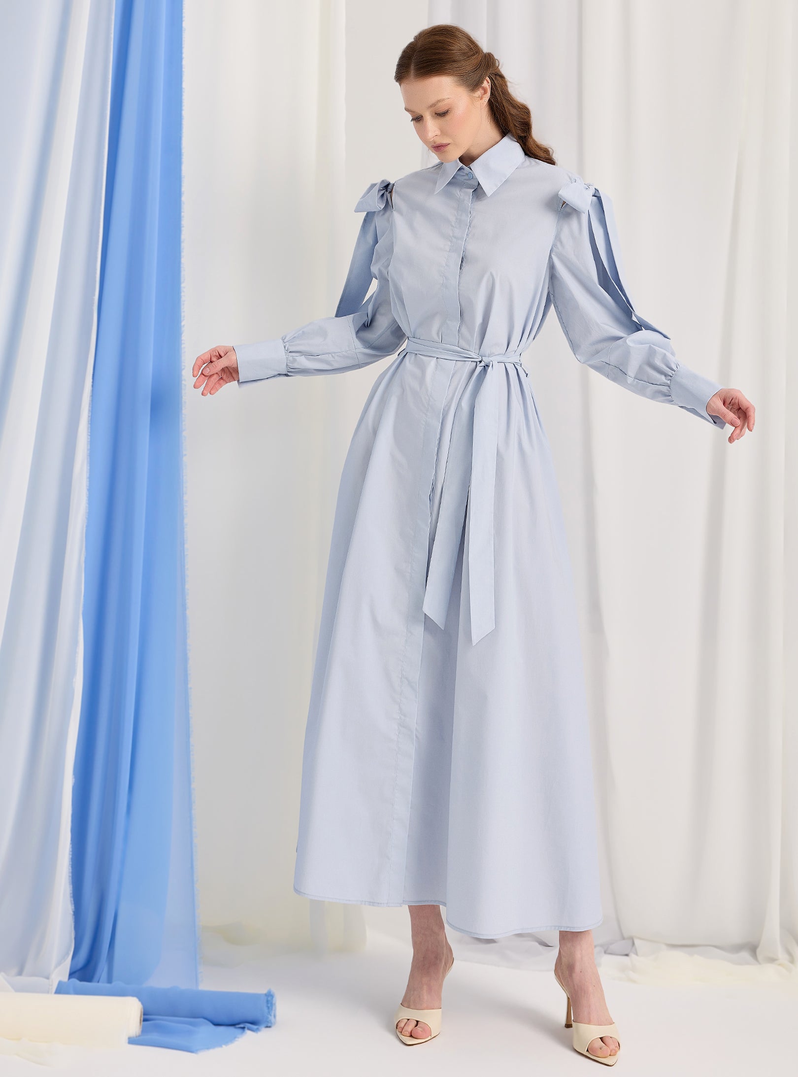 Bow Detailed Blue Poplin Cotton Maxi Dress - Store WF