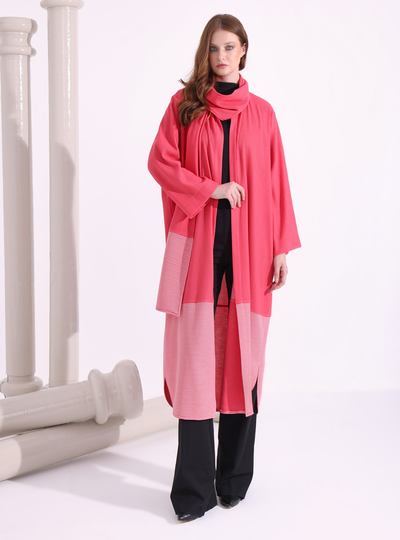 Pink Stripe Knitwear Jacket With Scarf - Store WF