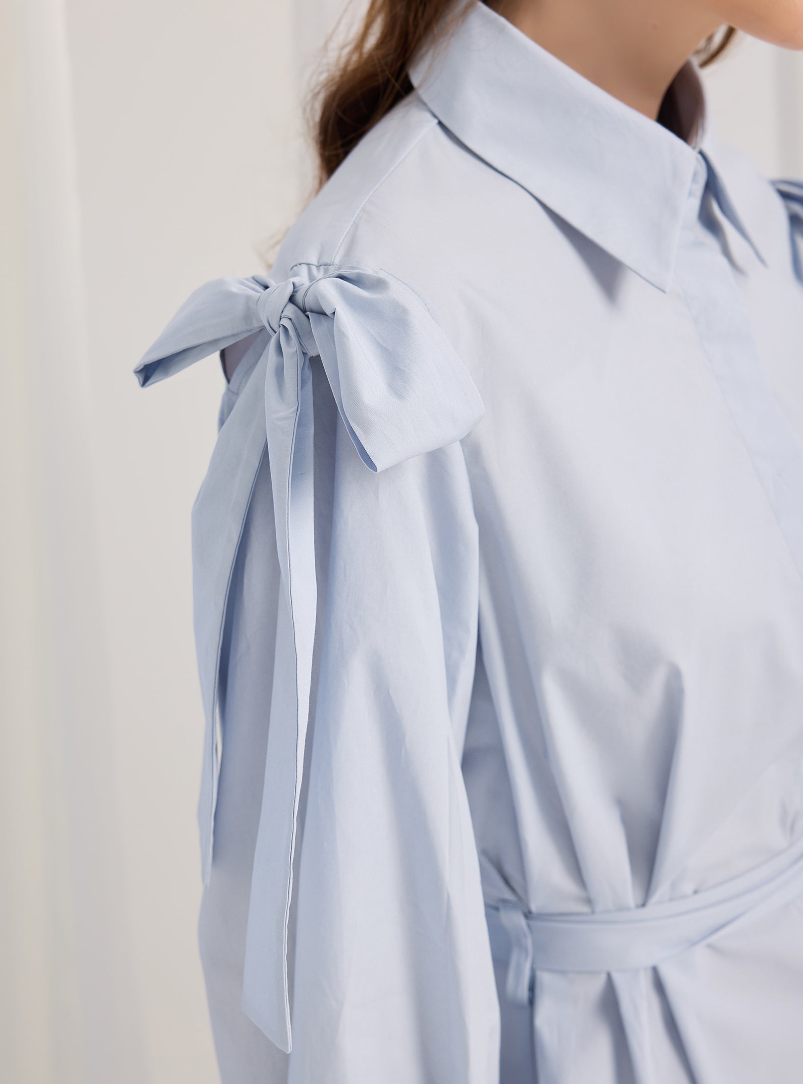 Bow Detailed Blue Poplin Cotton Maxi Dress - Store WF