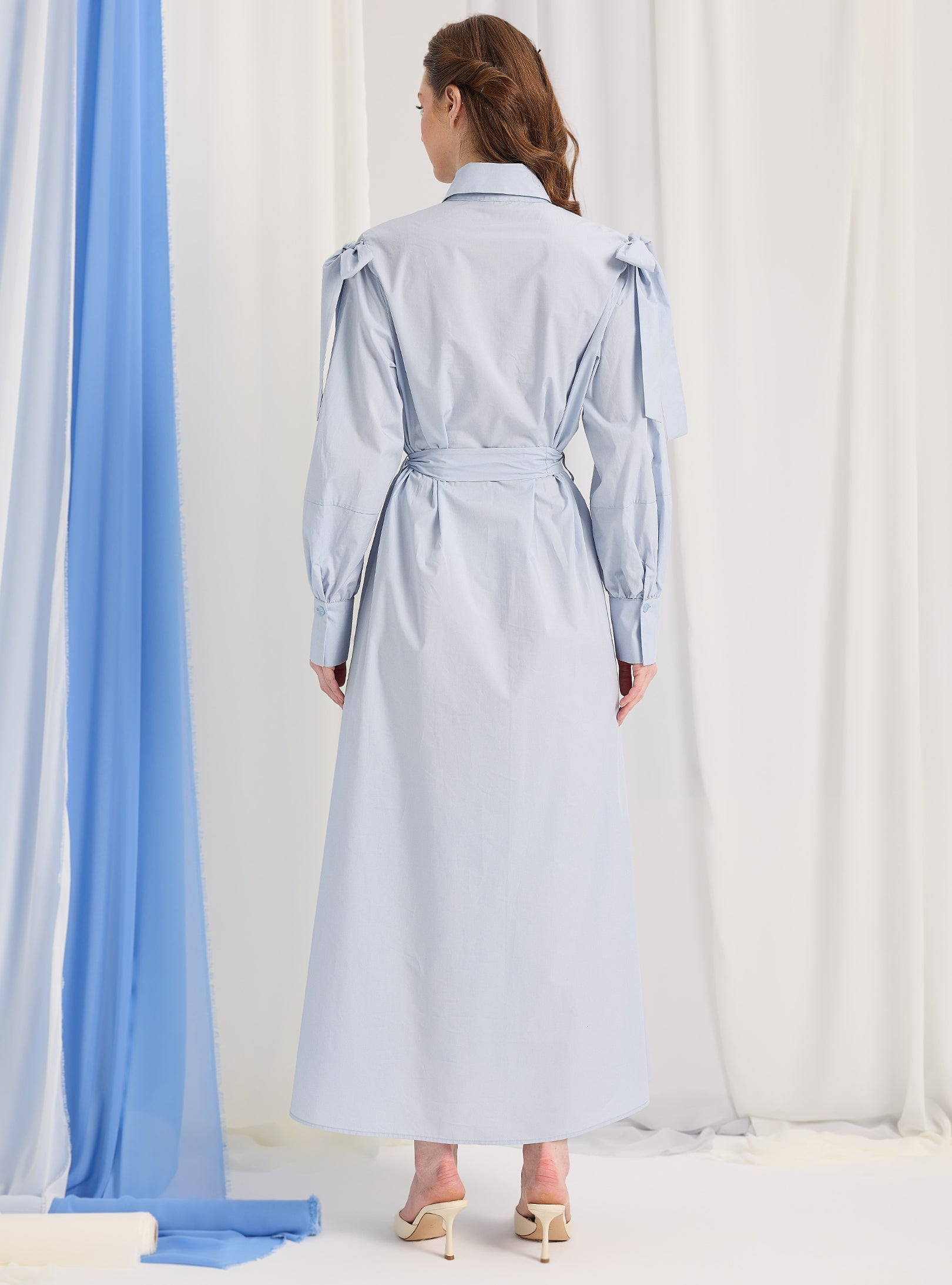 Bow Detailed Blue Poplin Cotton Maxi Dress - Store WF