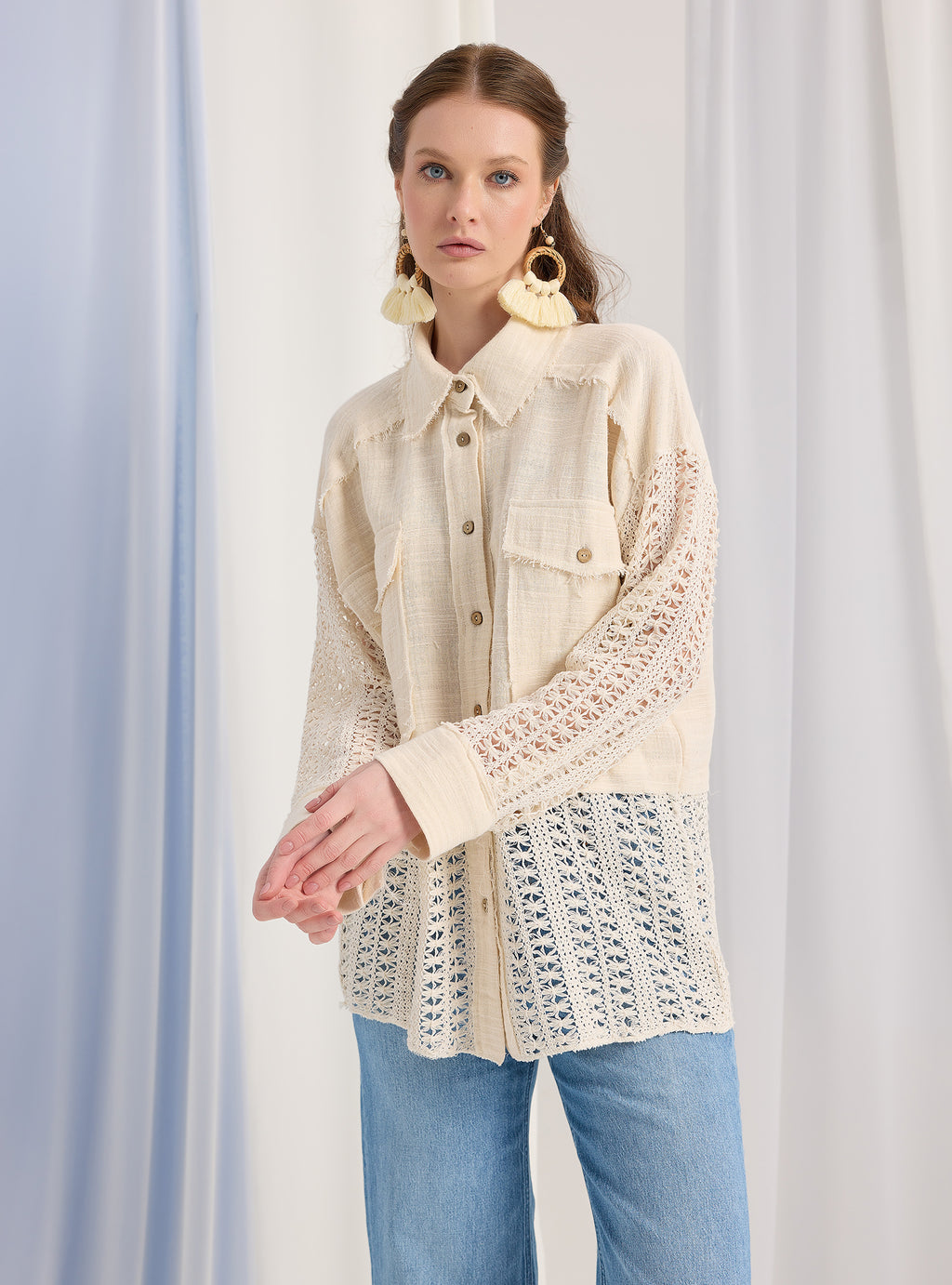 Lace Detail Muslin Cotton Shirt - Store WF