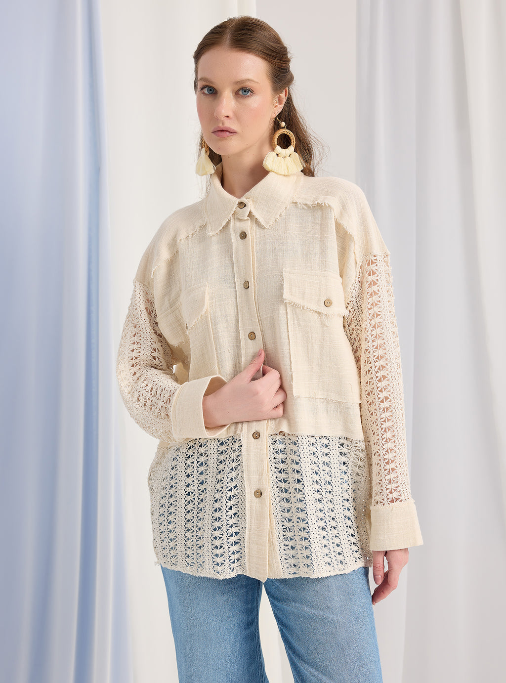 Lace Detail Muslin Cotton Shirt - Store WF