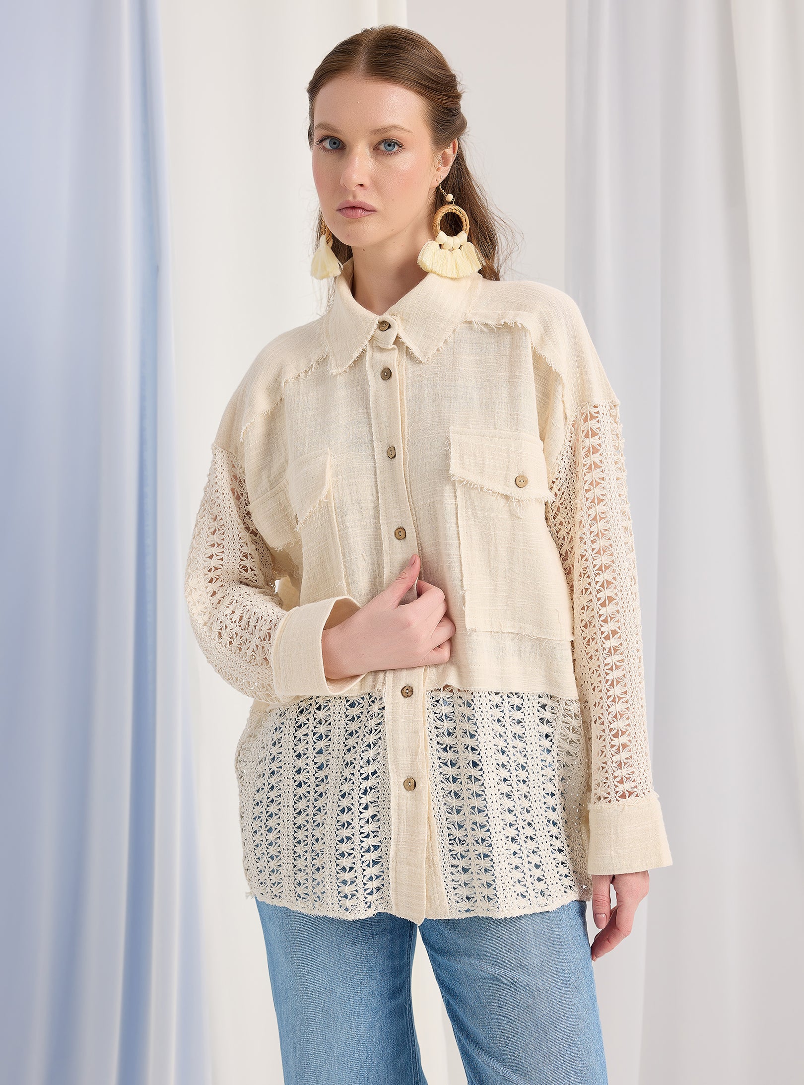 Lace Detail Muslin Cotton Shirt - Store WF