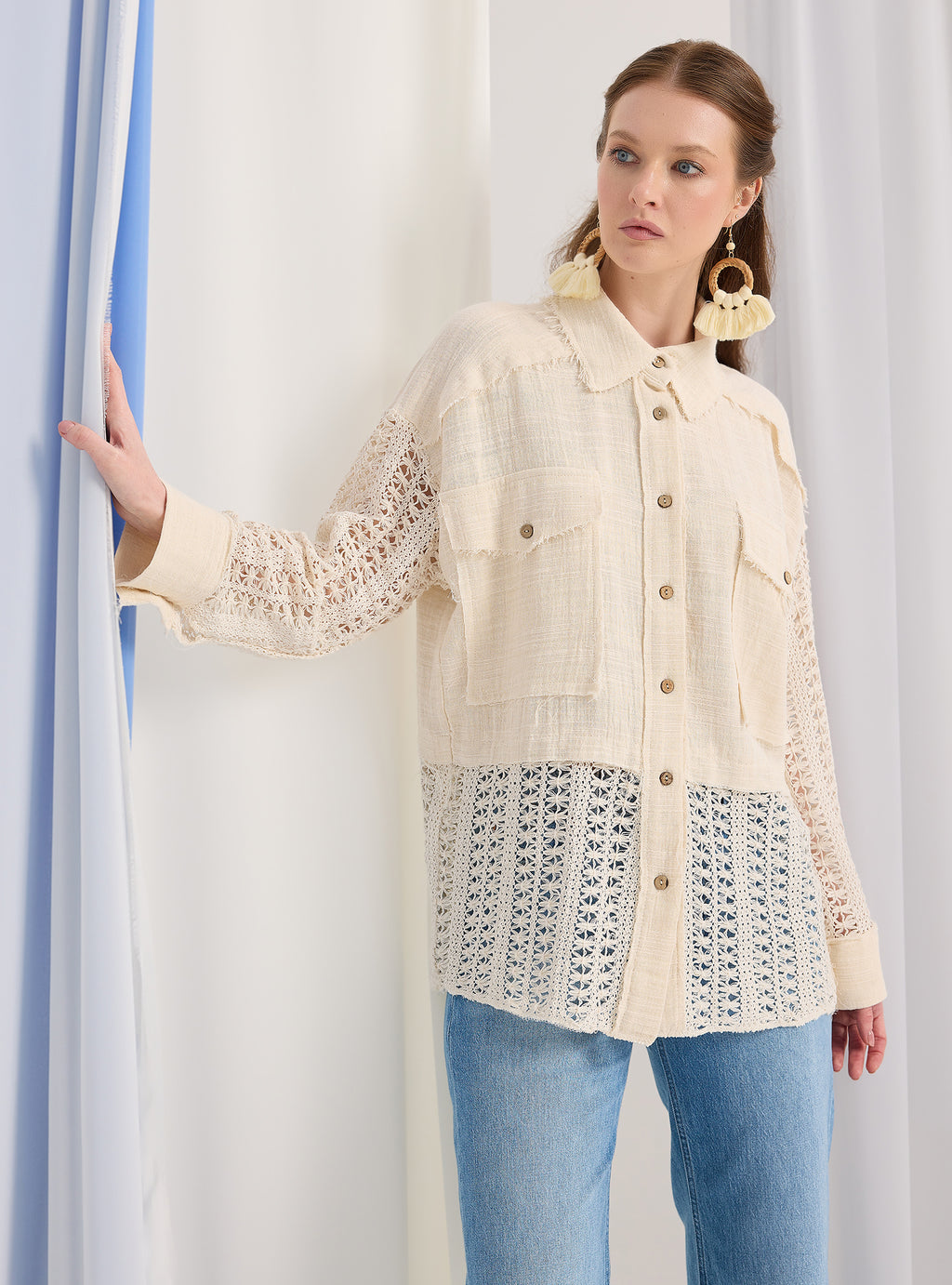 Lace Detail Muslin Cotton Shirt - Store WF