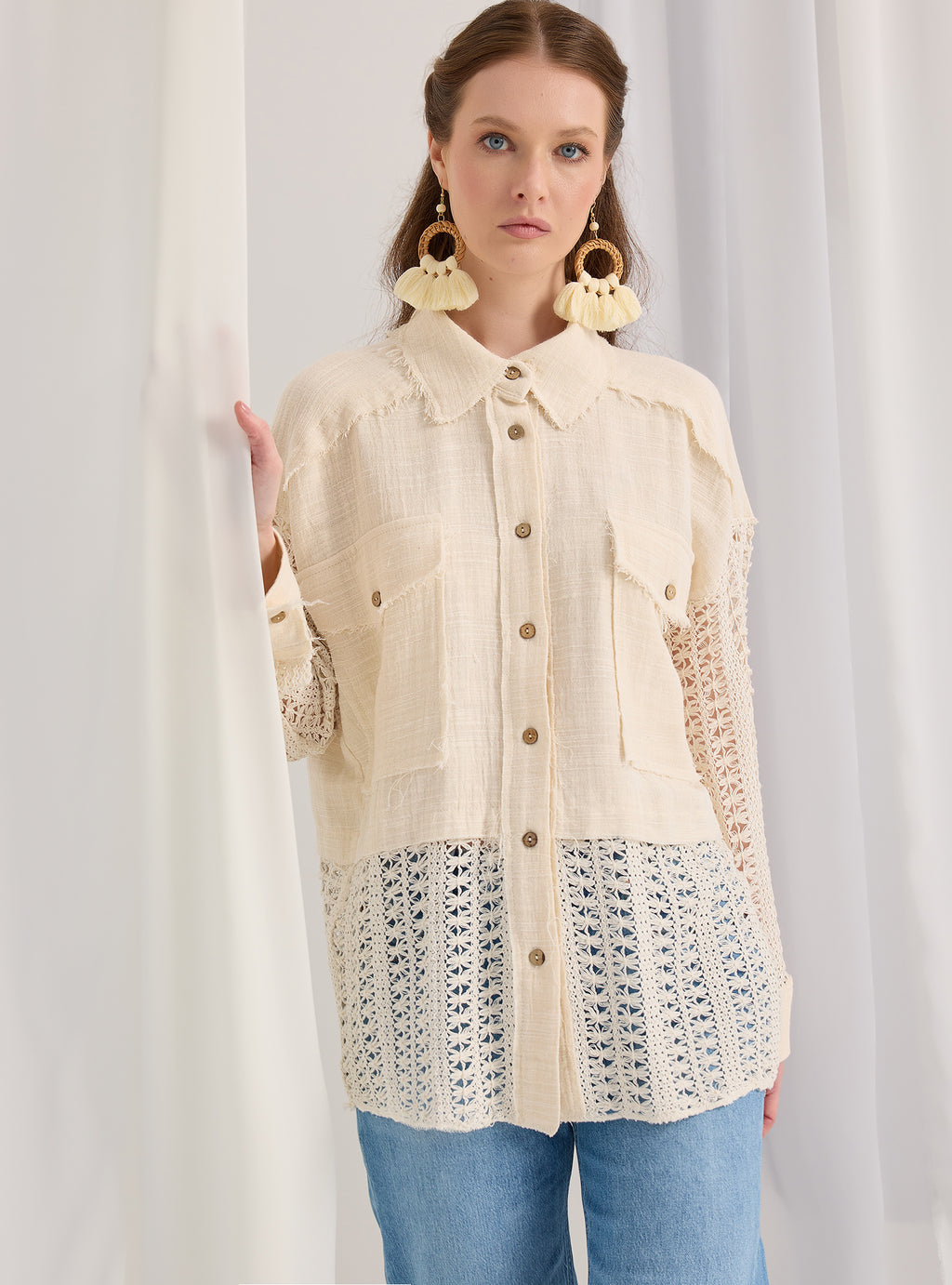 Lace Detail Muslin Cotton Shirt - Store WF