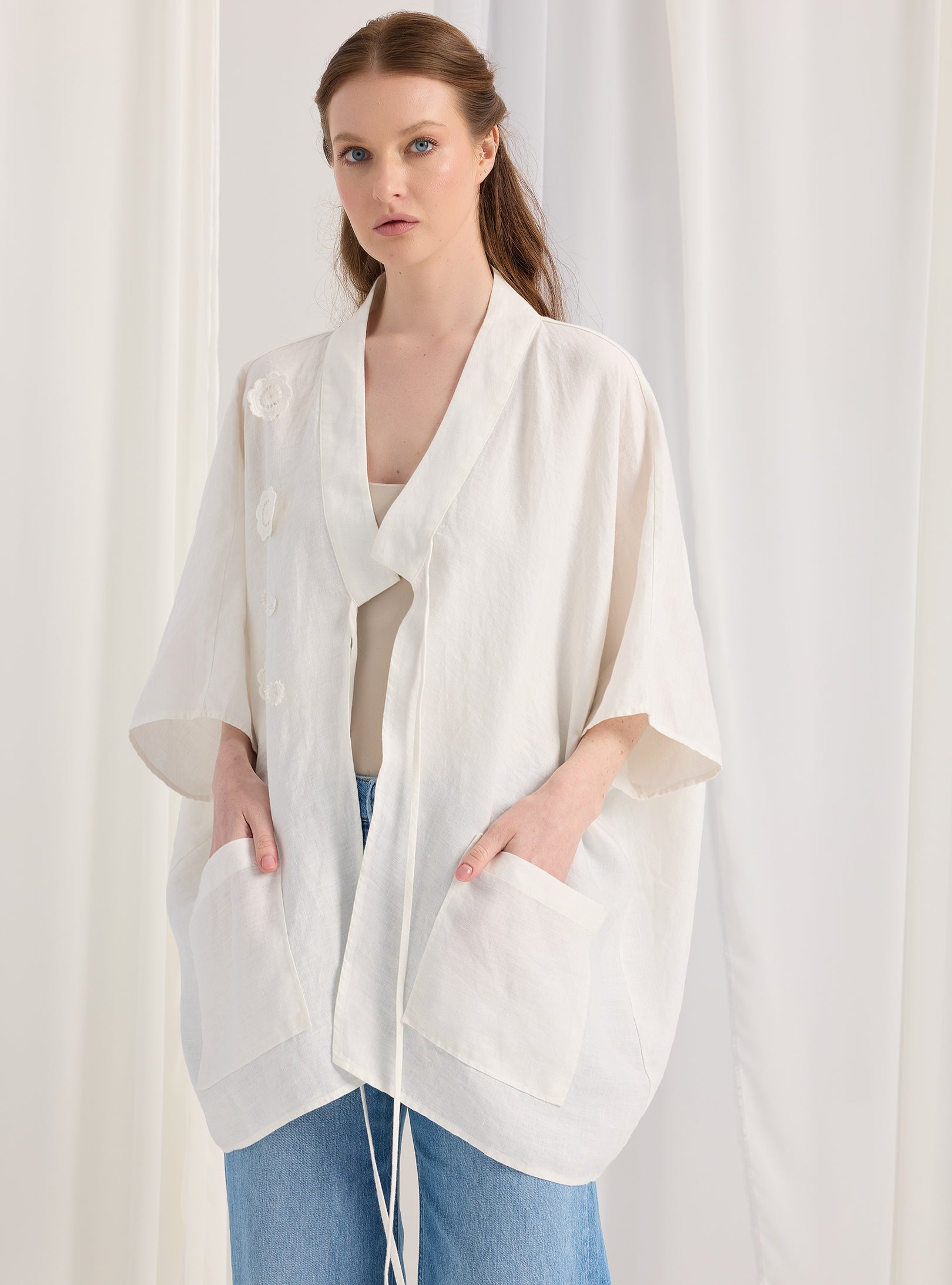 100% Washed Linen White Kimono - Store WF