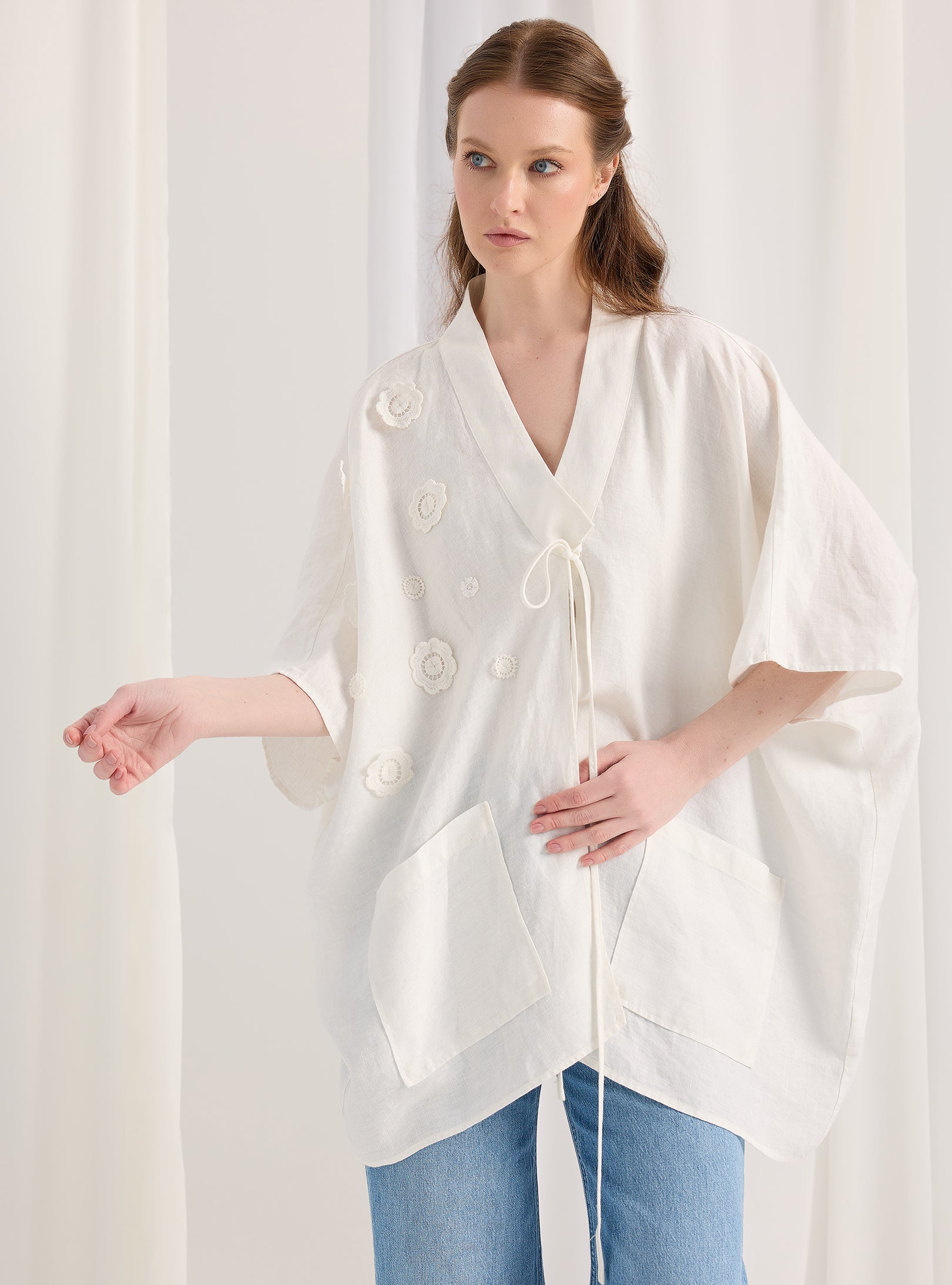 100% Washed Linen White Kimono - Store WF