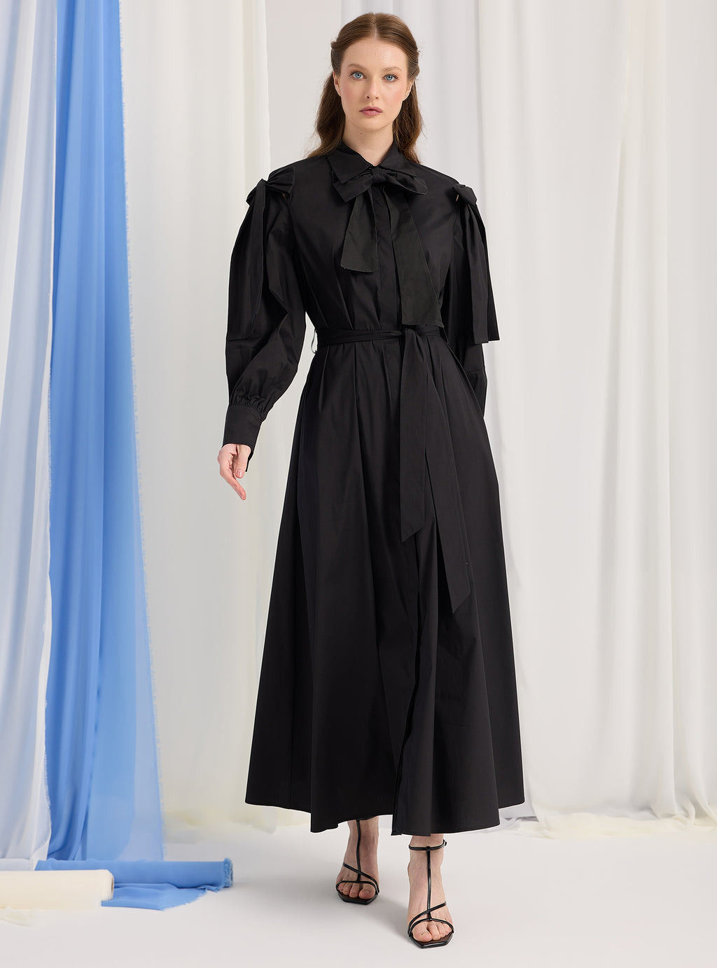 Bow Detailed Black Poplin Cotton Maxi Dress - Store WF