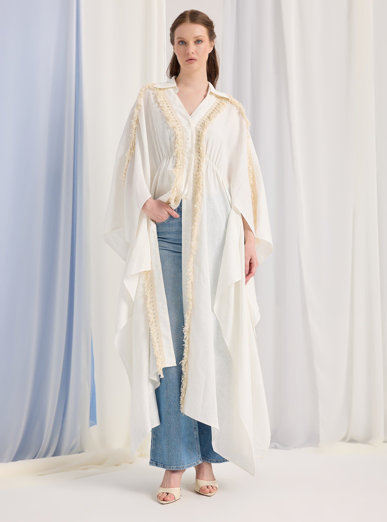 100% Washed Linen Cotton Tassel Shirt Kaftan Dress - Store WF