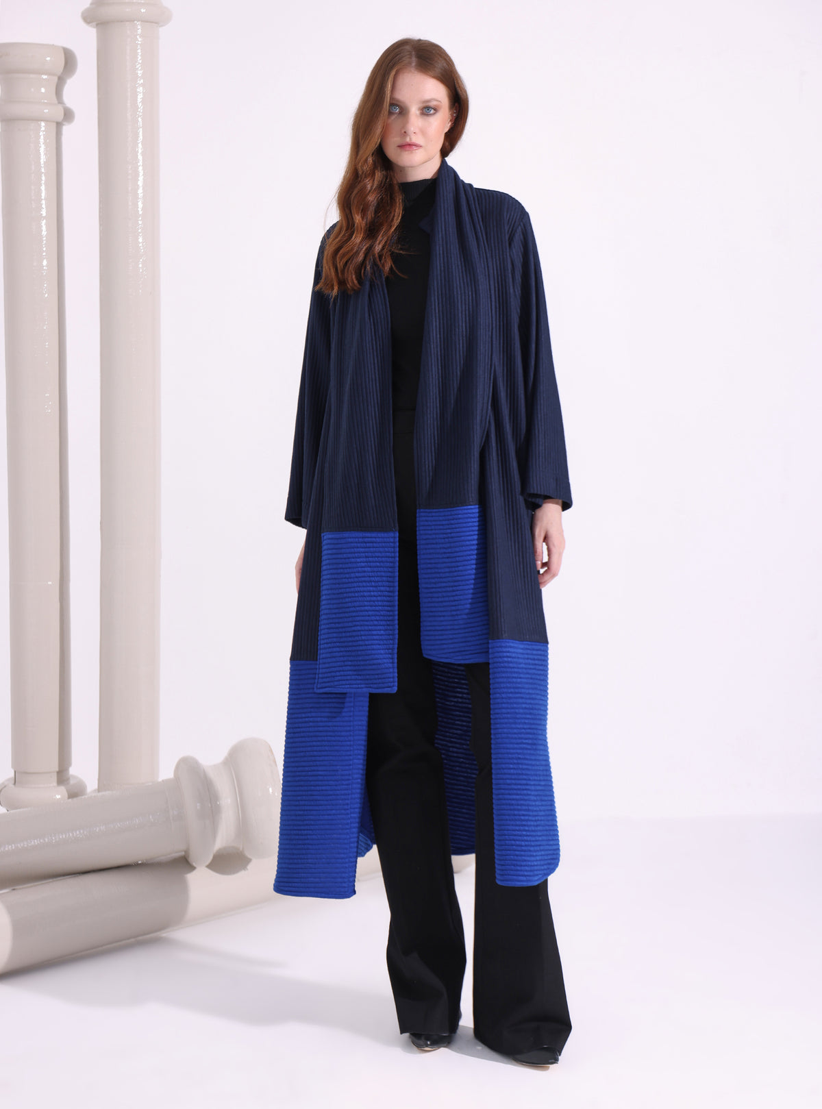 Long Stripe Knitwear Jacket With Scarf - Store WF