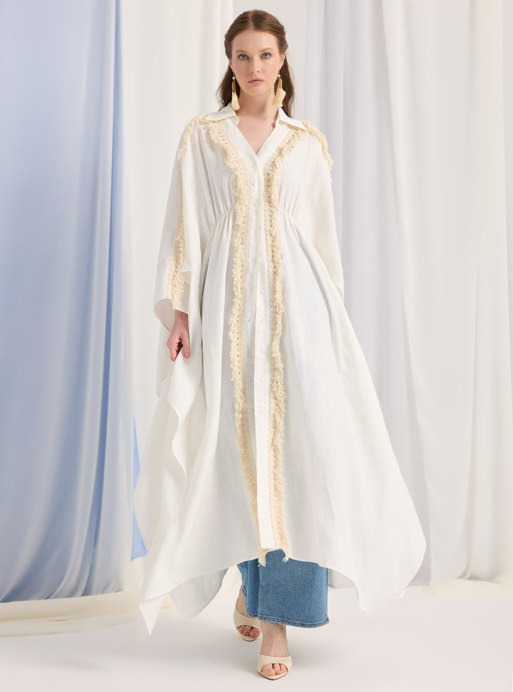 100% Washed Linen Cotton Tassel Shirt Kaftan Dress - Store WF