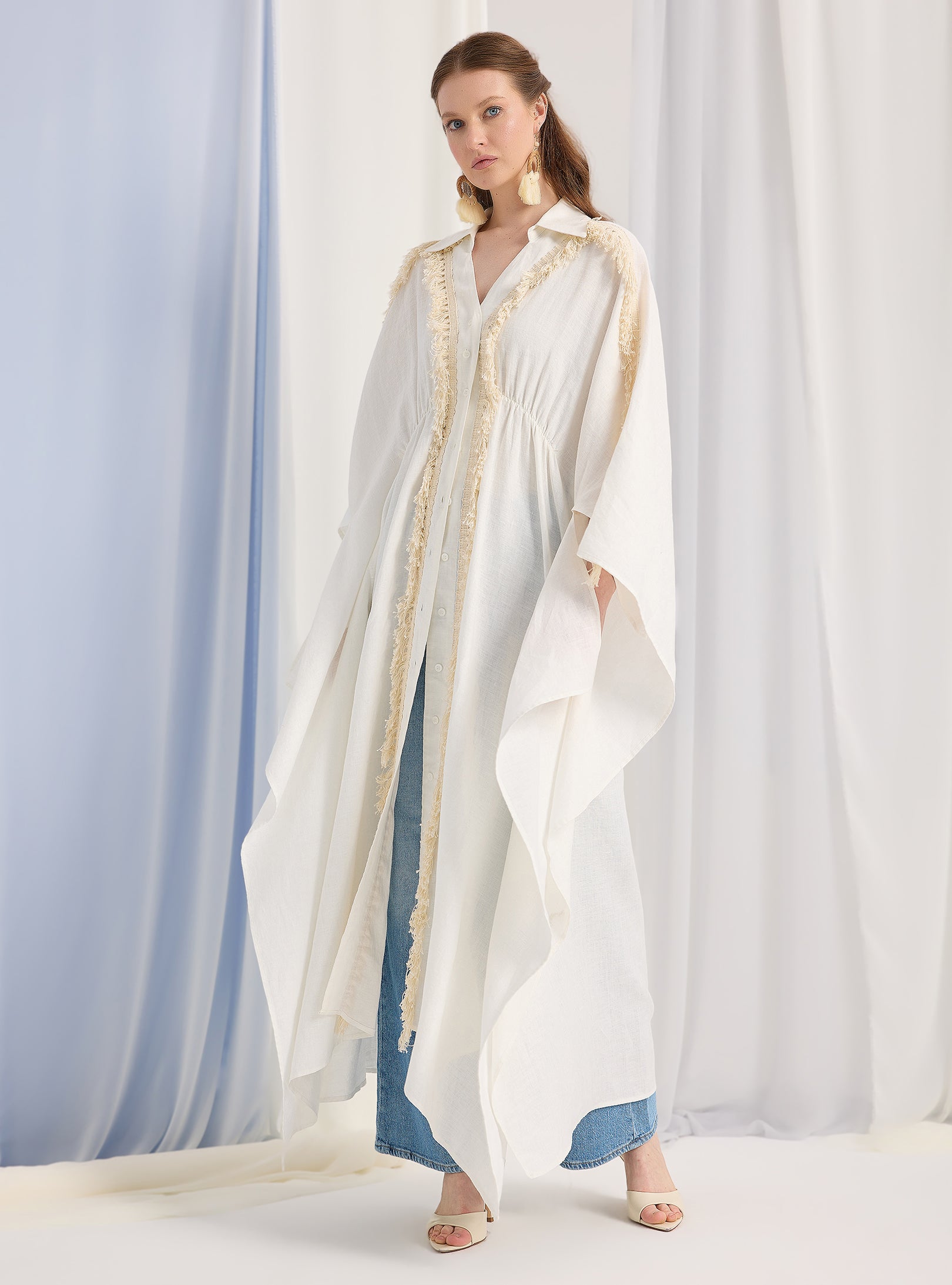 100% Washed Linen Cotton Tassel Shirt Kaftan Dress - Store WF