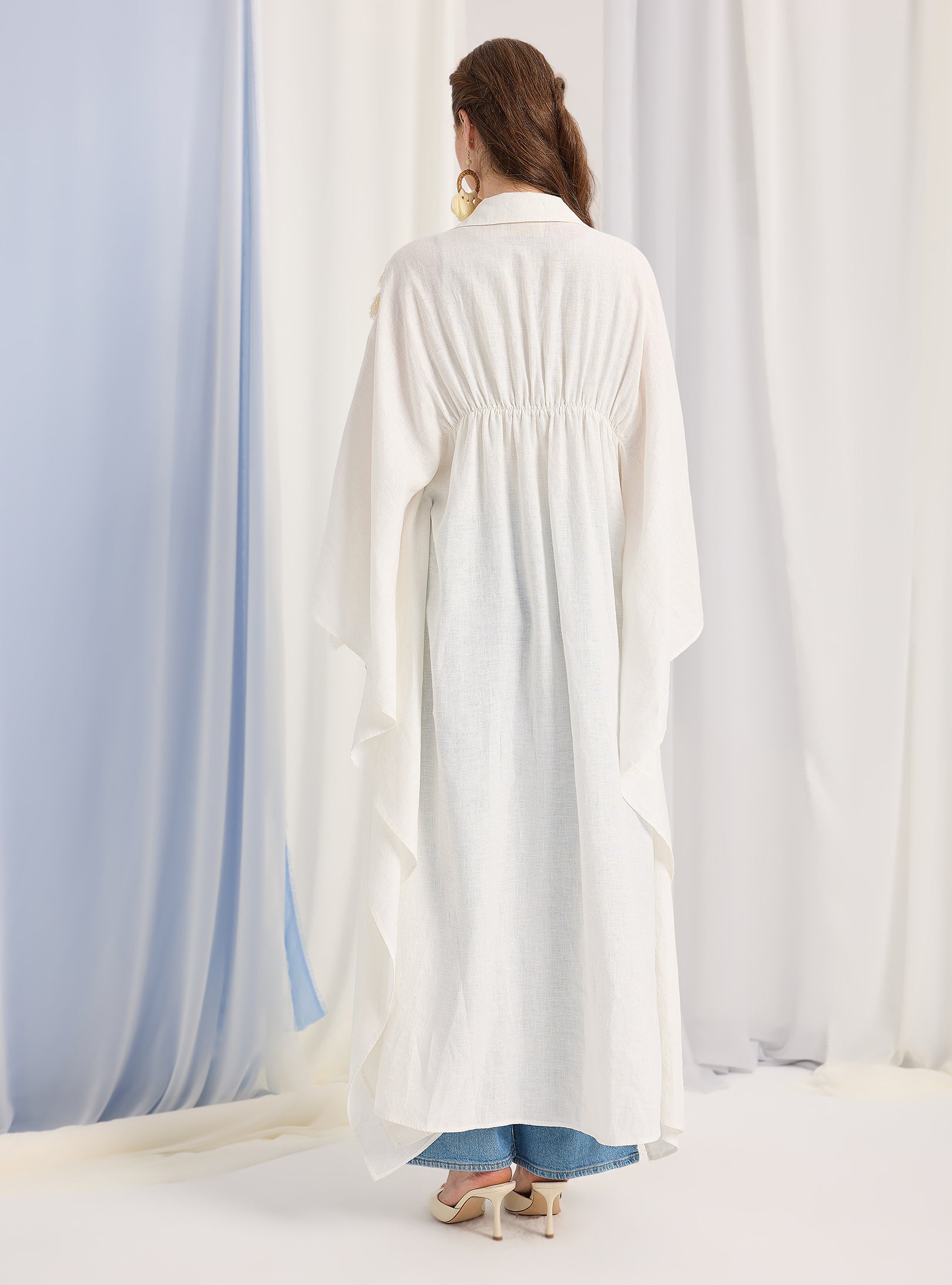 100% Washed Linen Cotton Tassel Shirt Kaftan Dress - Store WF