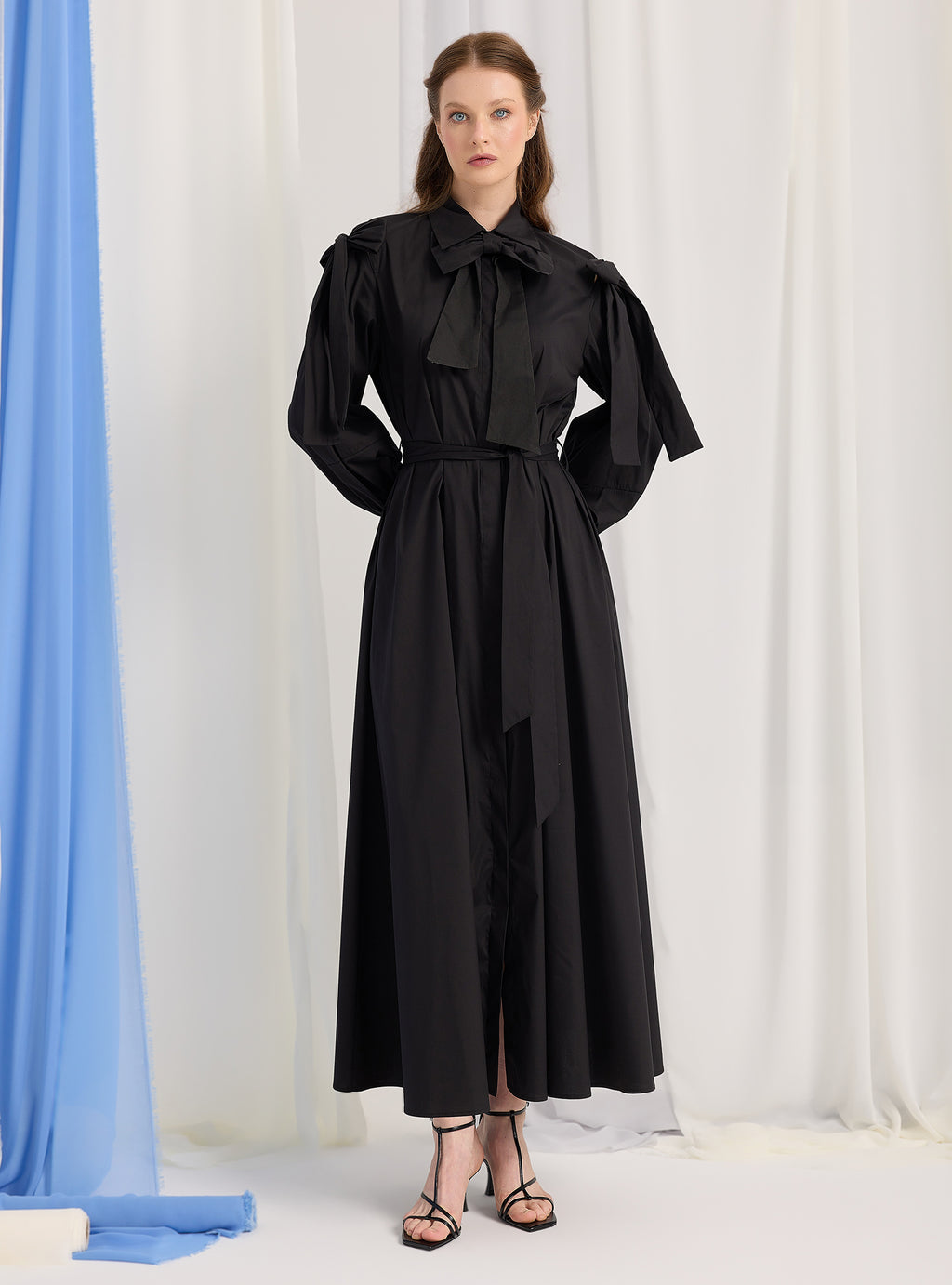 Bow Detailed Black Poplin Cotton Maxi Dress - Store WF