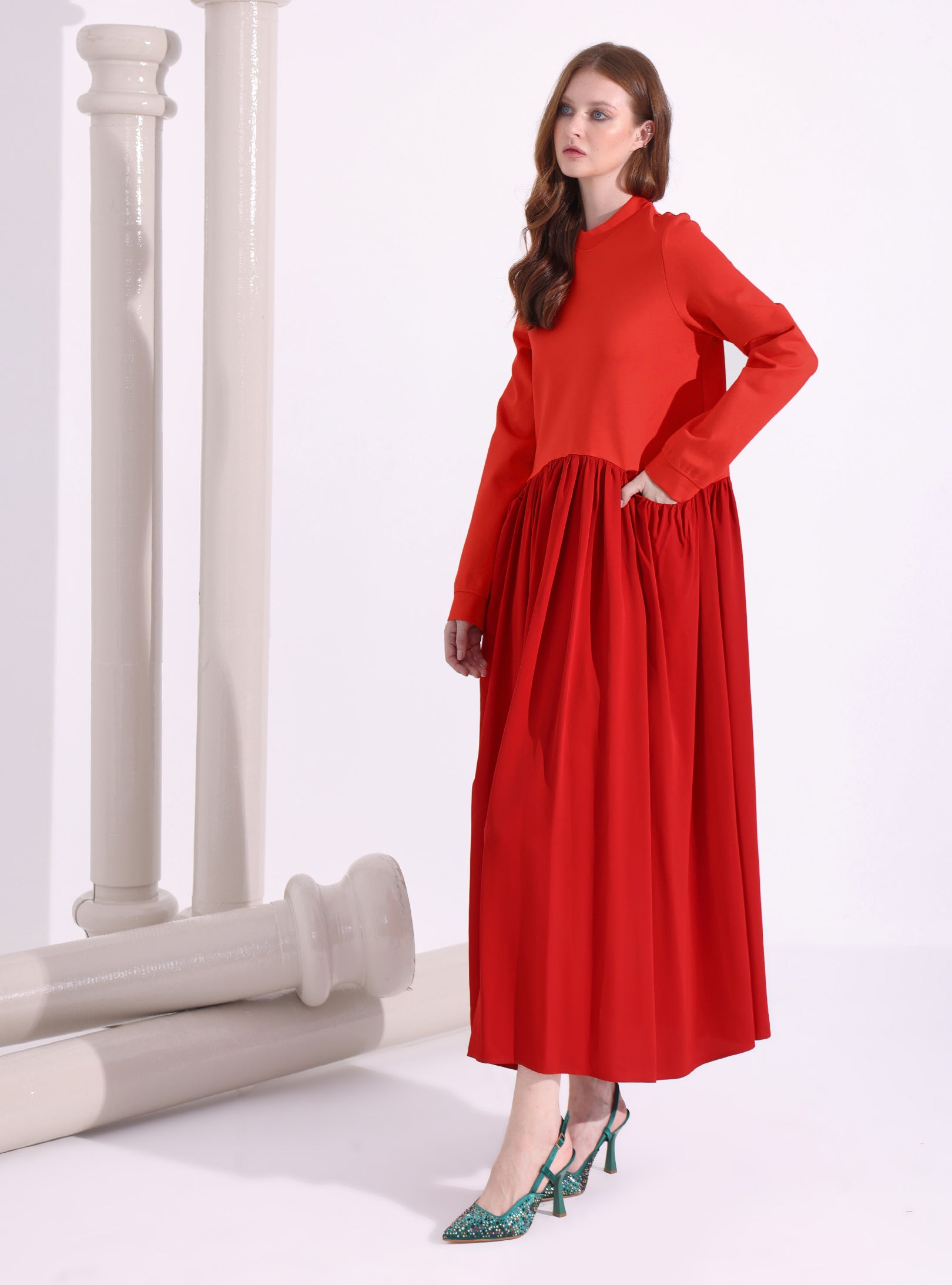 Red Maxi Dress with Knit Top - Store WF