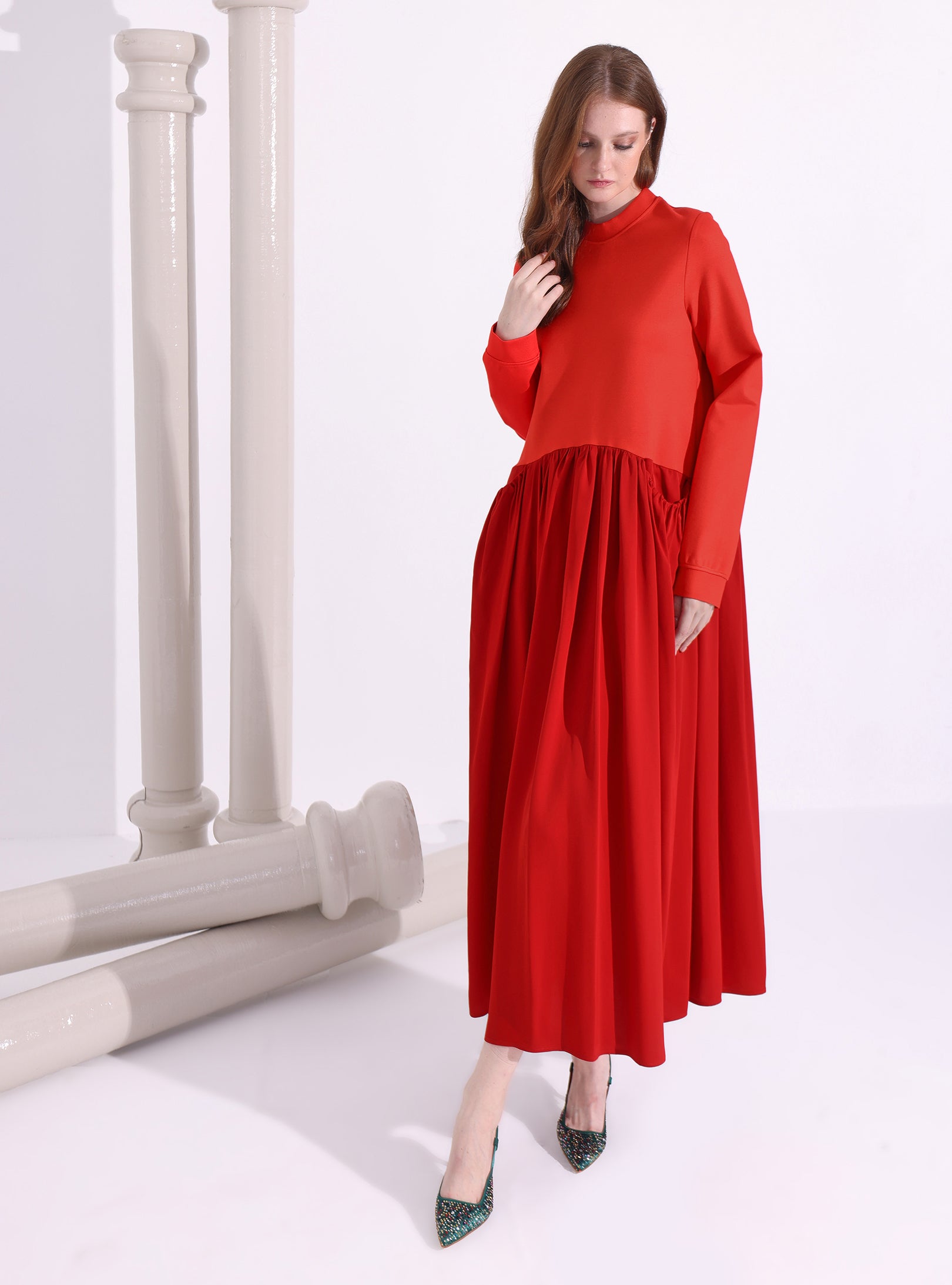 Red Maxi Dress with Knit Top - Store WF