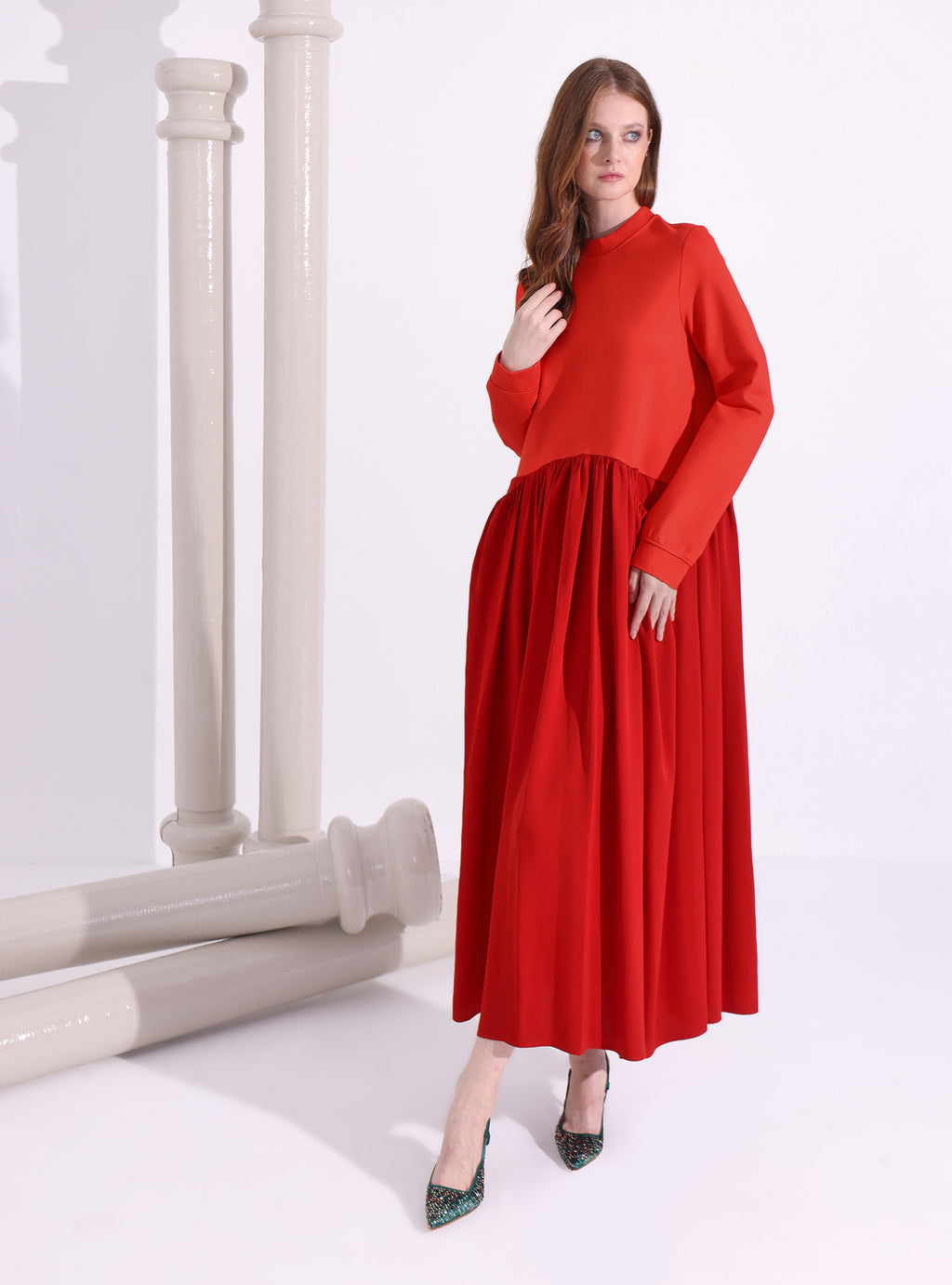 Red Maxi Dress with Knit Top - Store WF