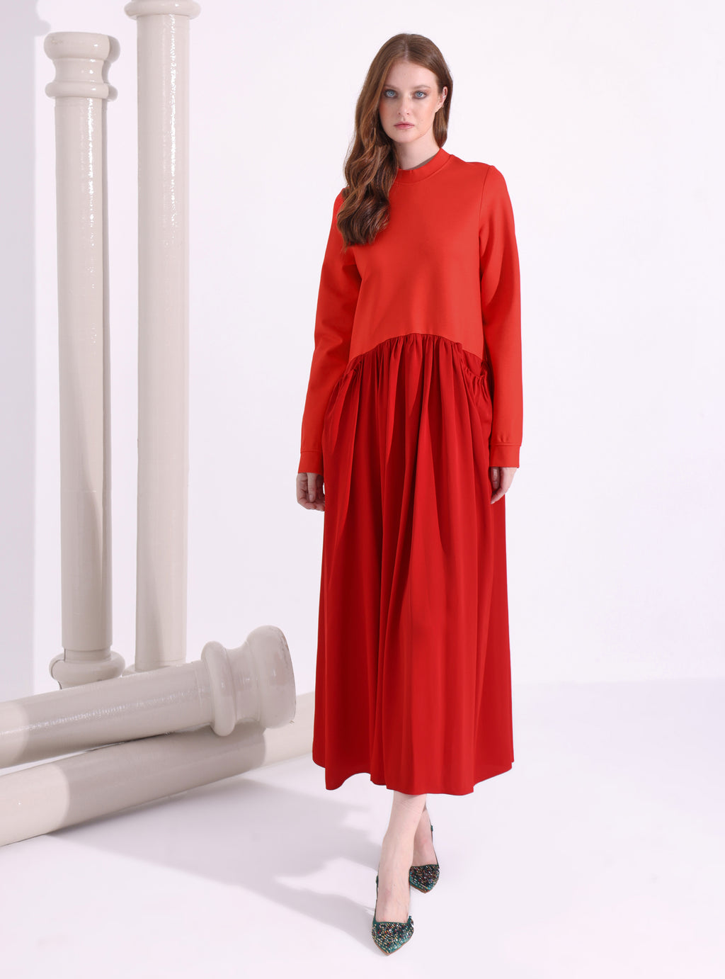 Red Maxi Dress with Knit Top - Store WF