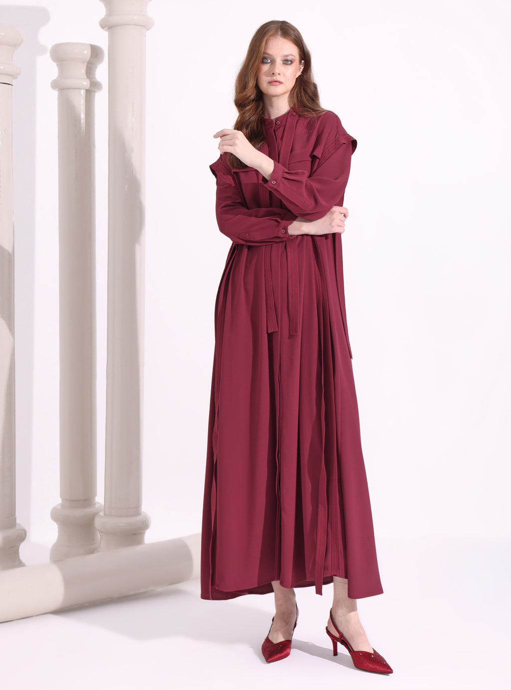 Contrast Top Stitch Burgundy Maxi Dress - Store WF