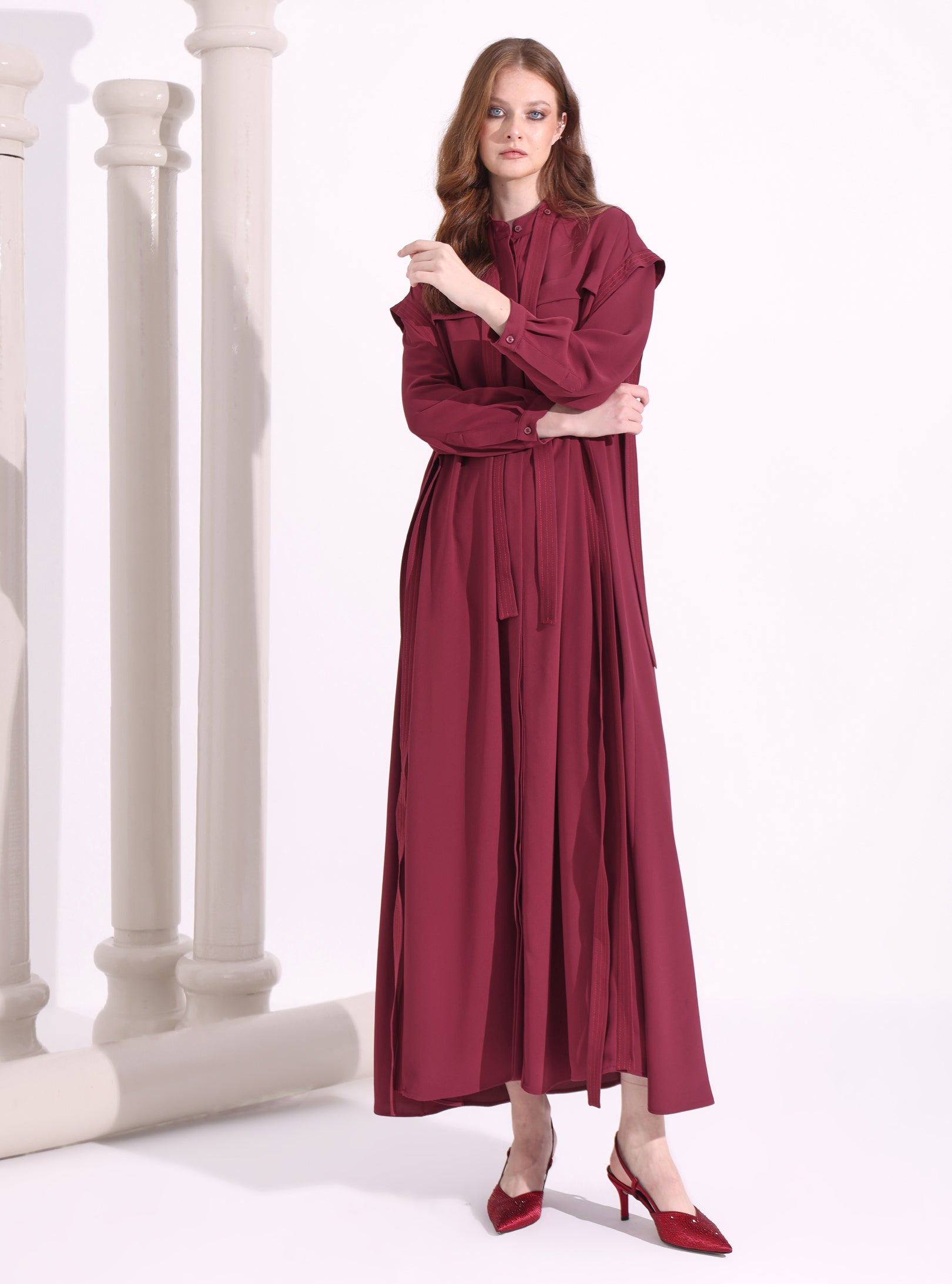 Contrast Top Stitch Burgundy Maxi Dress - Store WF