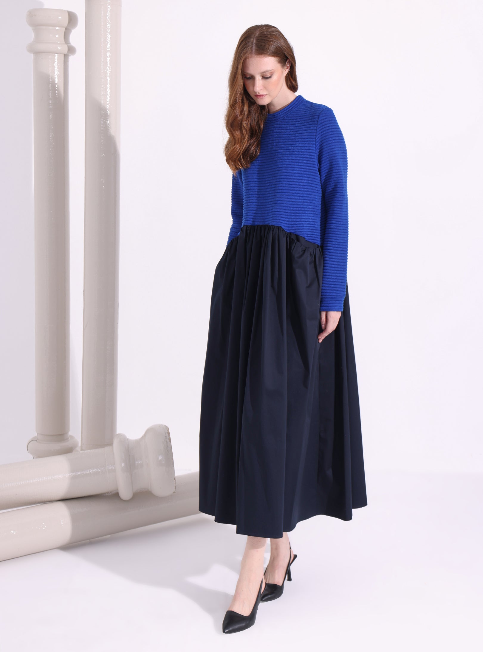 Blue-Navy Maxi Dress with Knit Top - Store WF