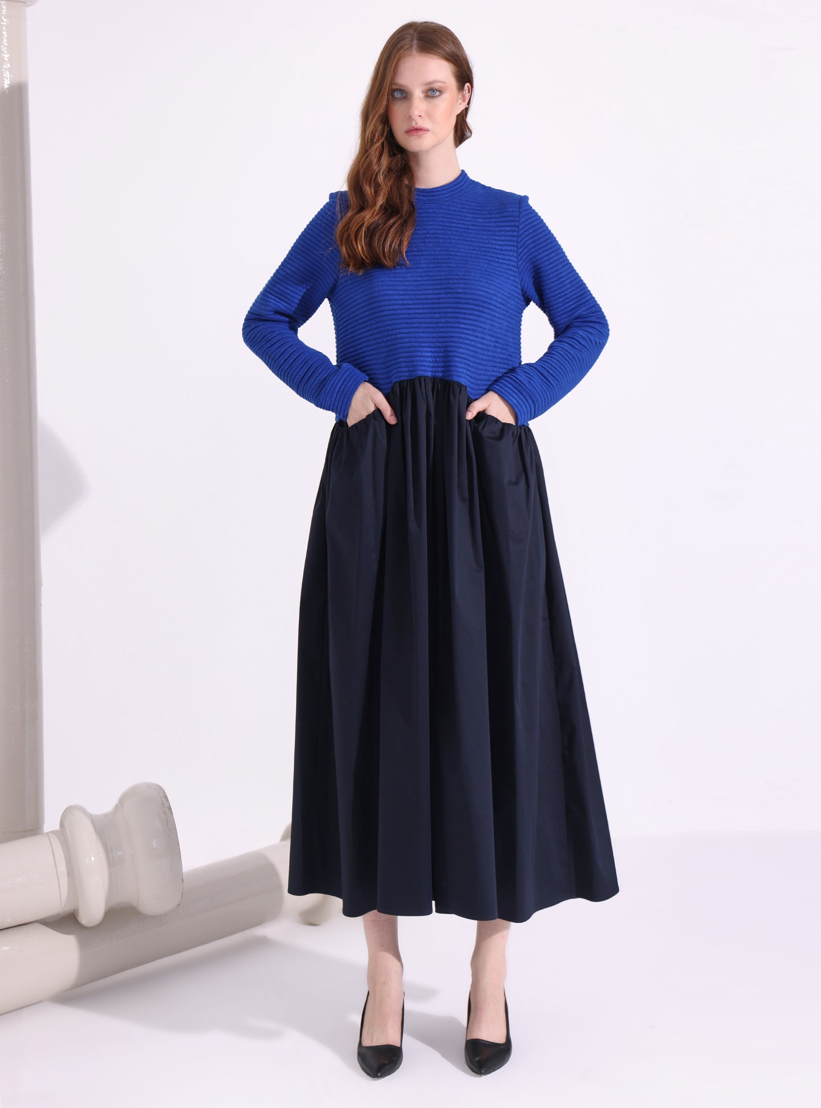 Blue-Navy Maxi Dress with Knit Top - Store WF